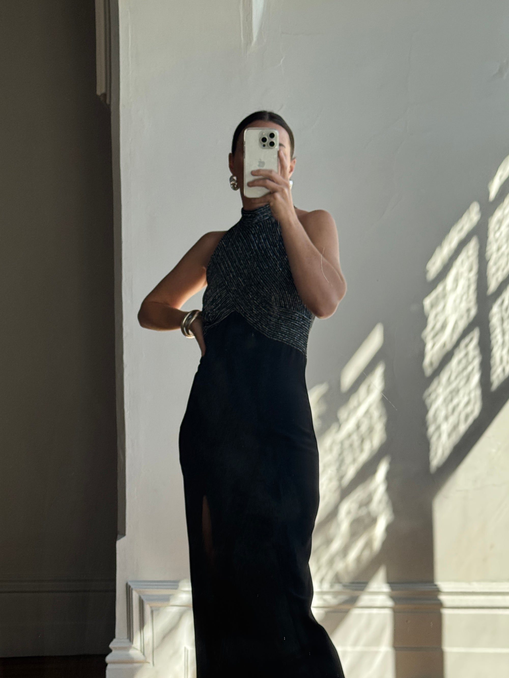 Vintage 70s High Neck Silver Lurex Evening Gown Noir