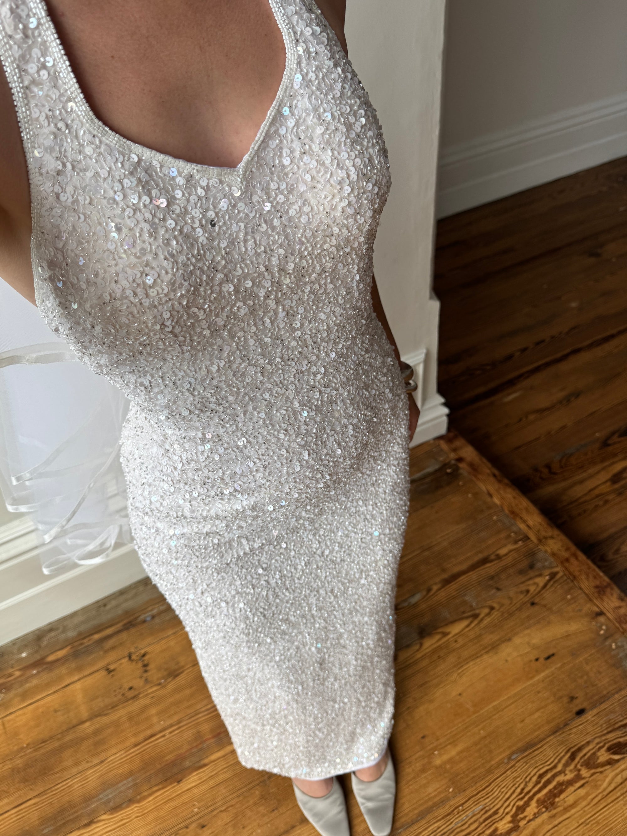 Vintage 90s Sequin Embellished Halter Bodycon Midi Dress White