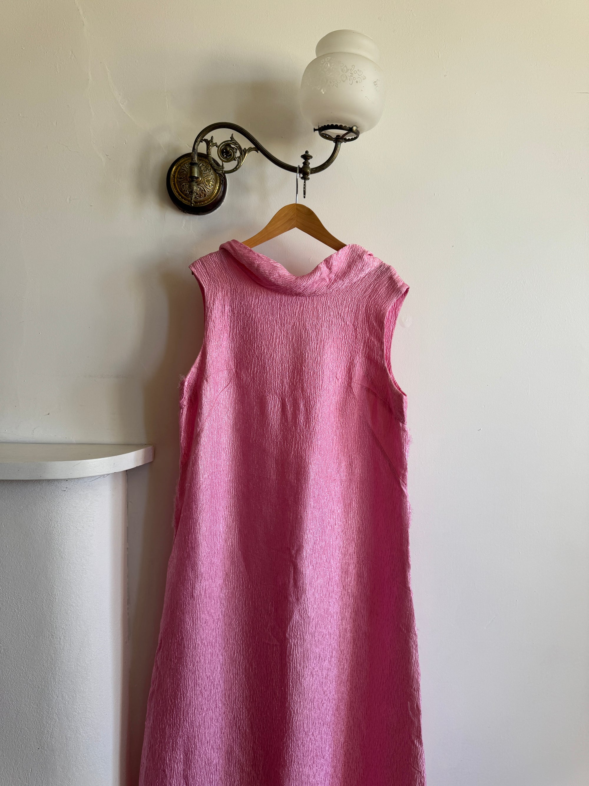 Vintage 80s Boat Neck Crinkle Dress Hot Pink