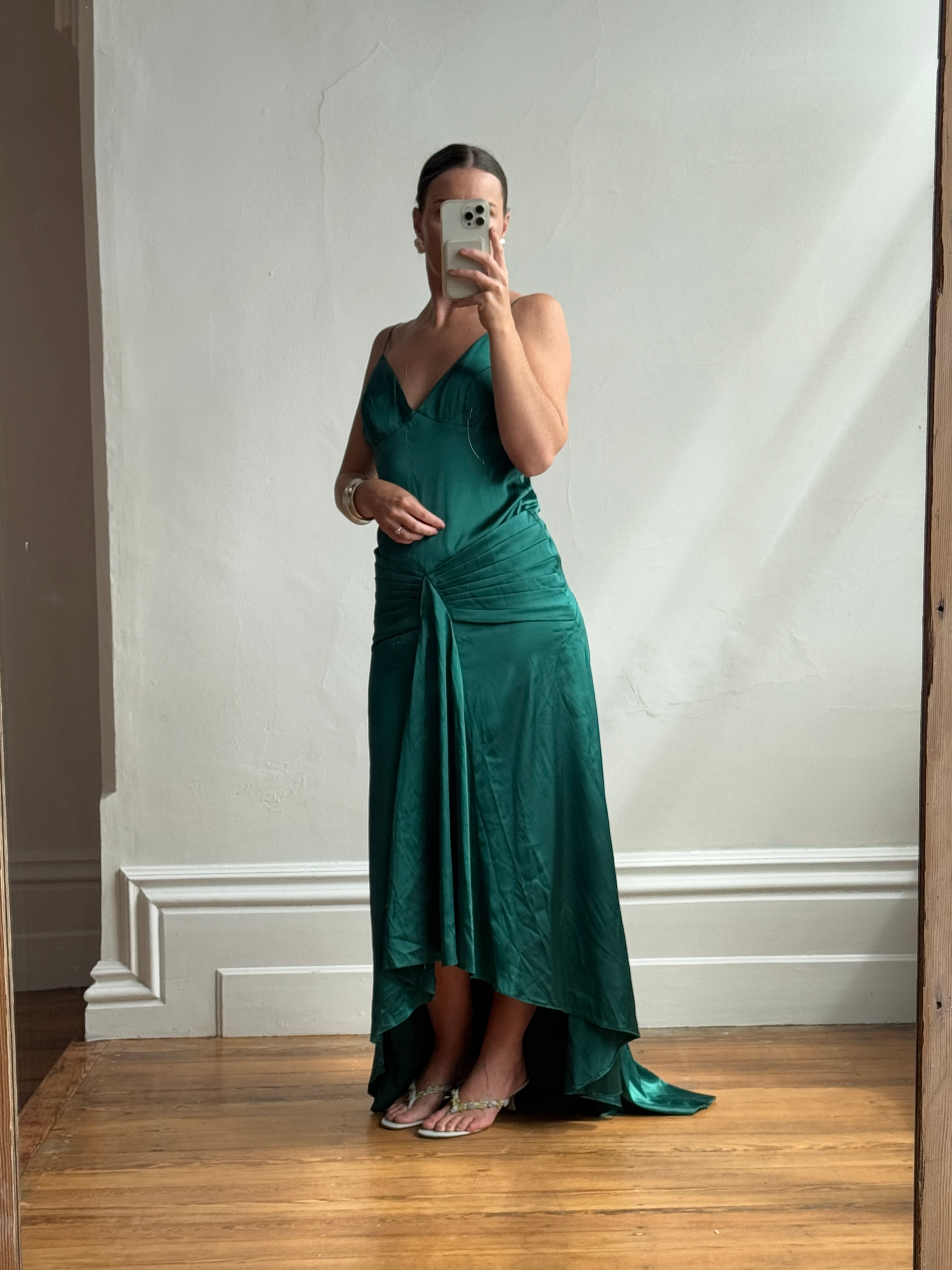 Vintage 90s Satin Drop Waist Evening Dress Teal