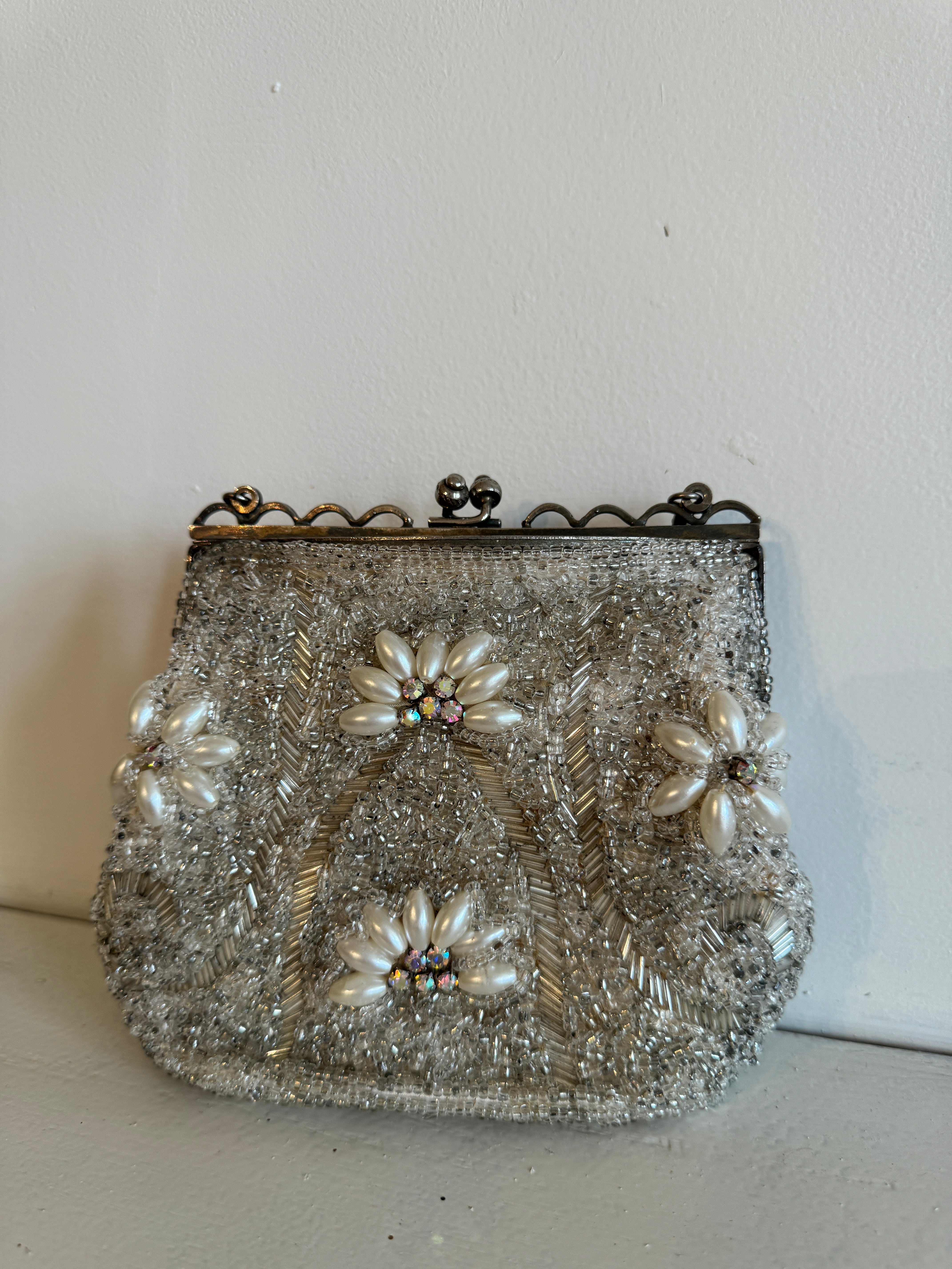 Vintage Silver Crystal and Pearl Beaded Evening Purse