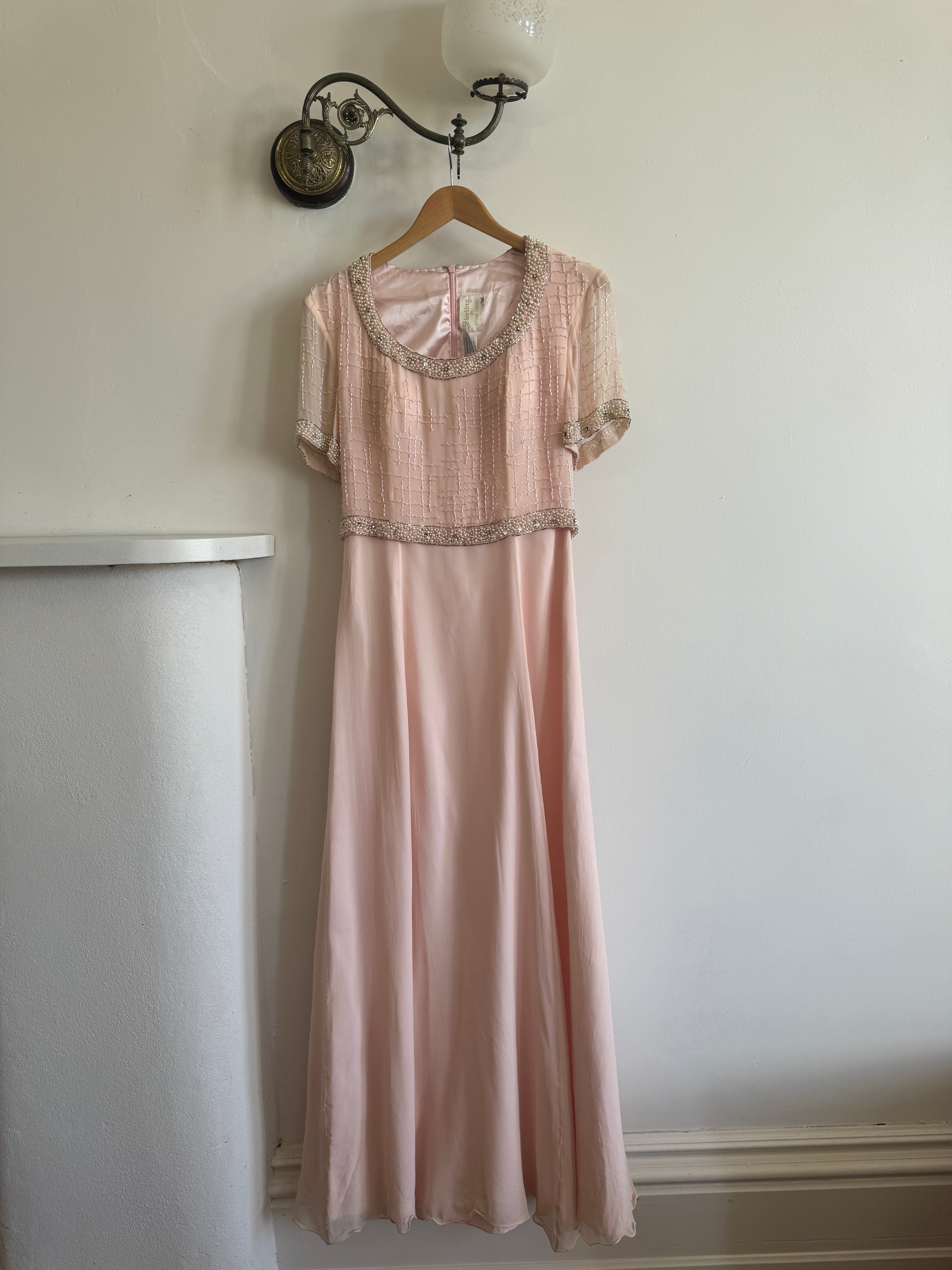Vintage 80s Baby Pink Pure Silk Embellished Evening Gown