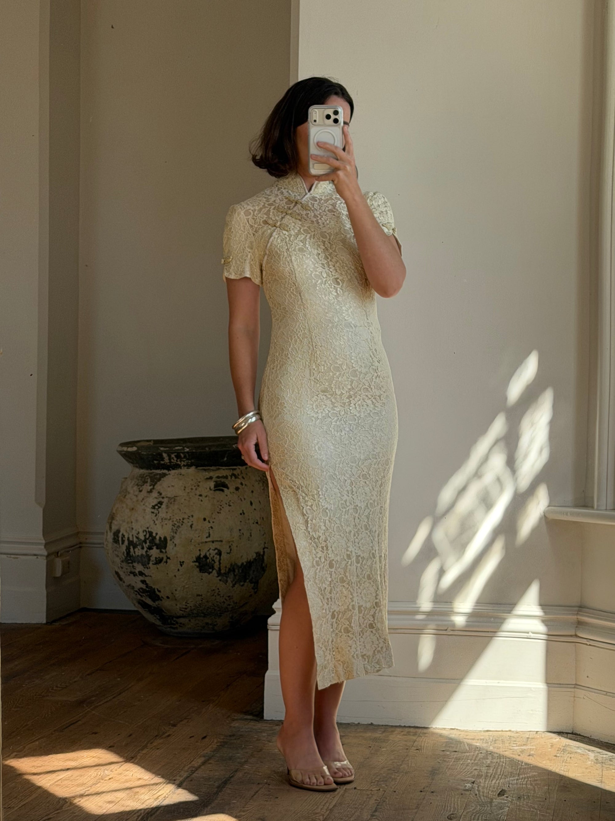 Vintage 90s Mandarin Collar Guipure Lace Midi Dress