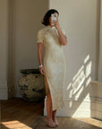 Vintage 90s Mandarin Collar Guipure Lace Midi Dress