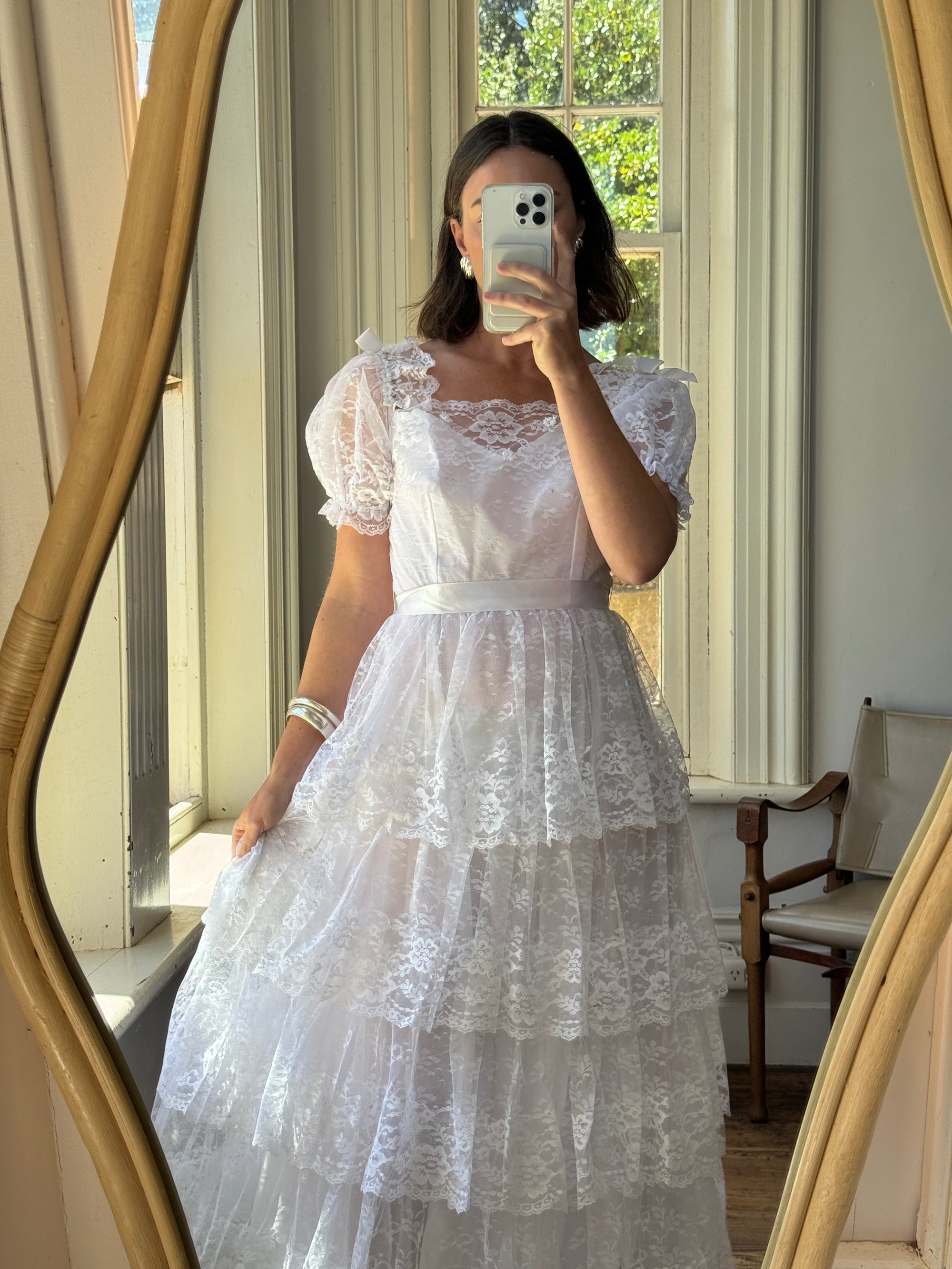 Vintage 70s Tiered Lace Wedding Dress With Ribbon