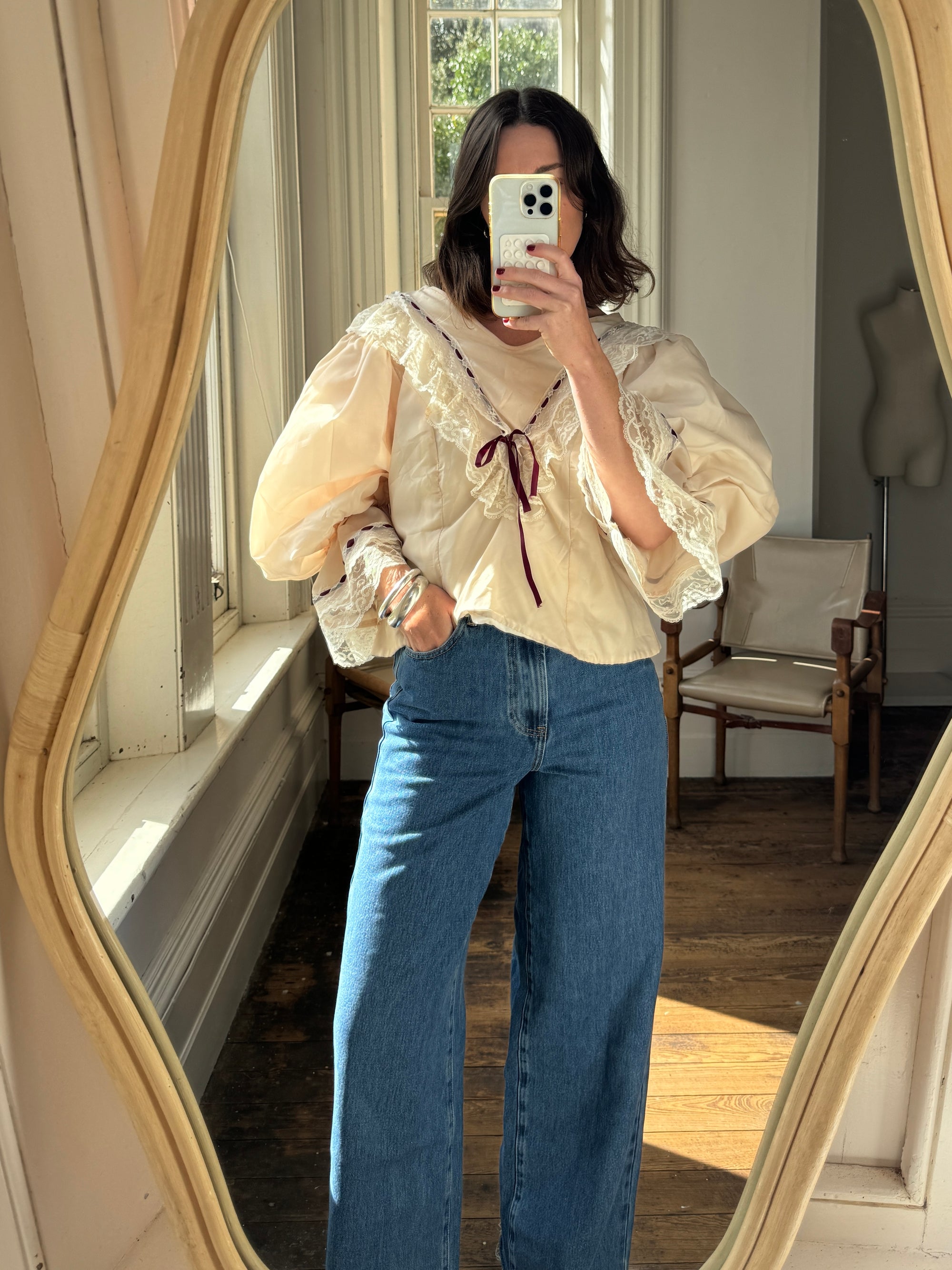 Vintage 80s Puff Sleeve Blouse with Cherry Ribbon