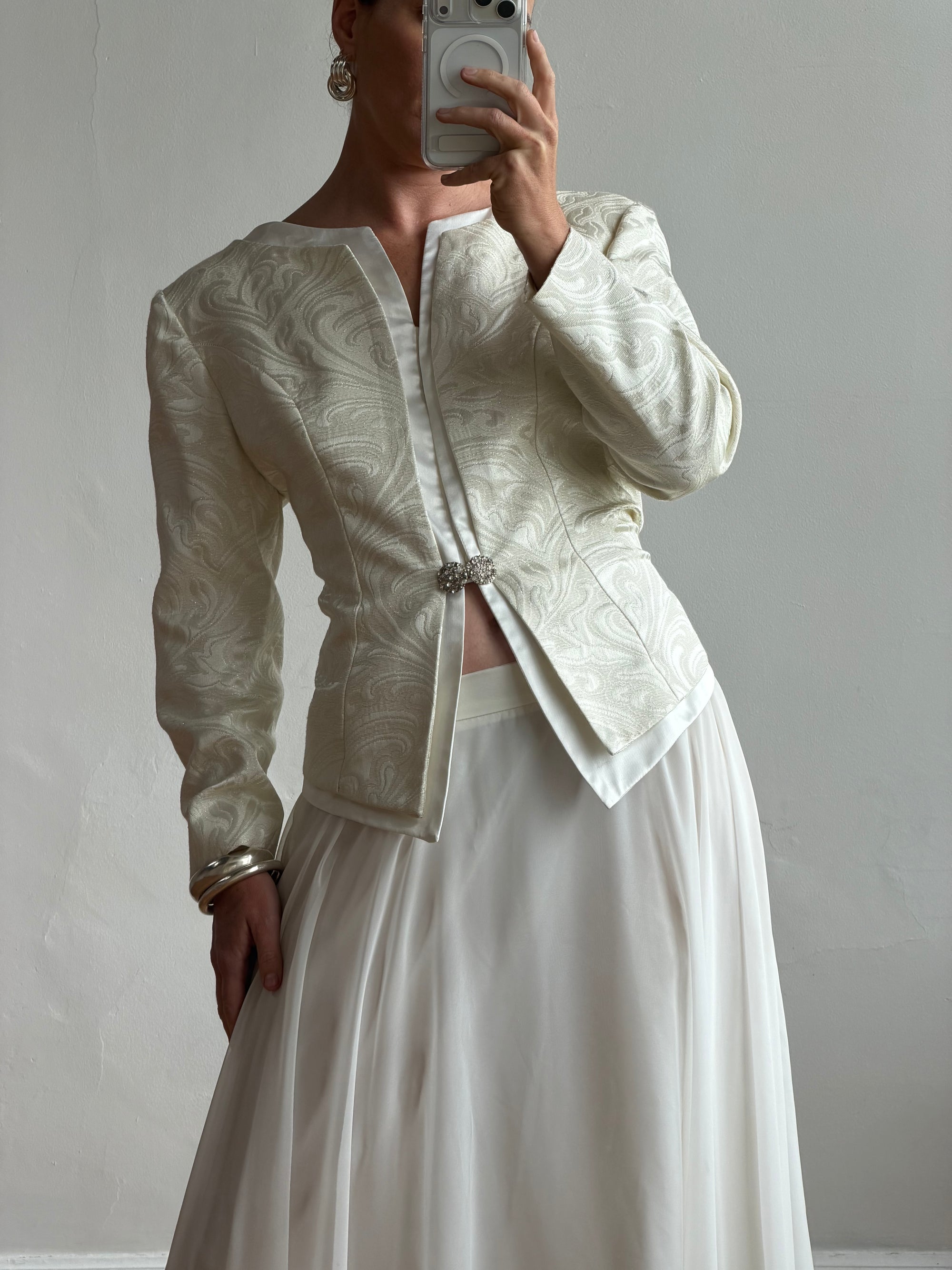 Vintage 90s Jacquard Rhinestone Jacket and Chiffon Bridal Skirt Set