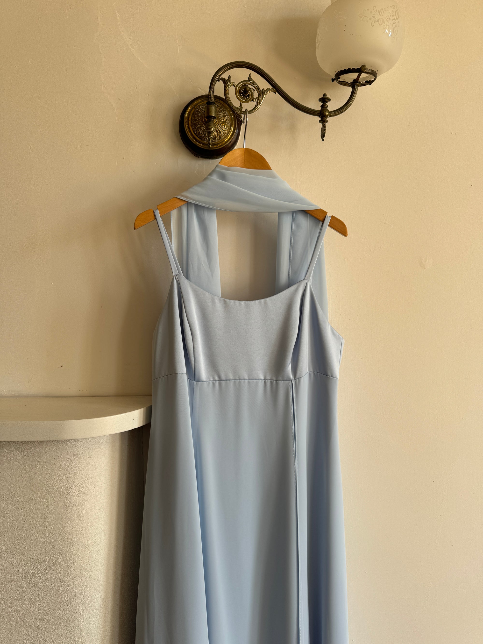 Vintage 90s Sky Blue Strappy Slip Dress with Neck Scarf