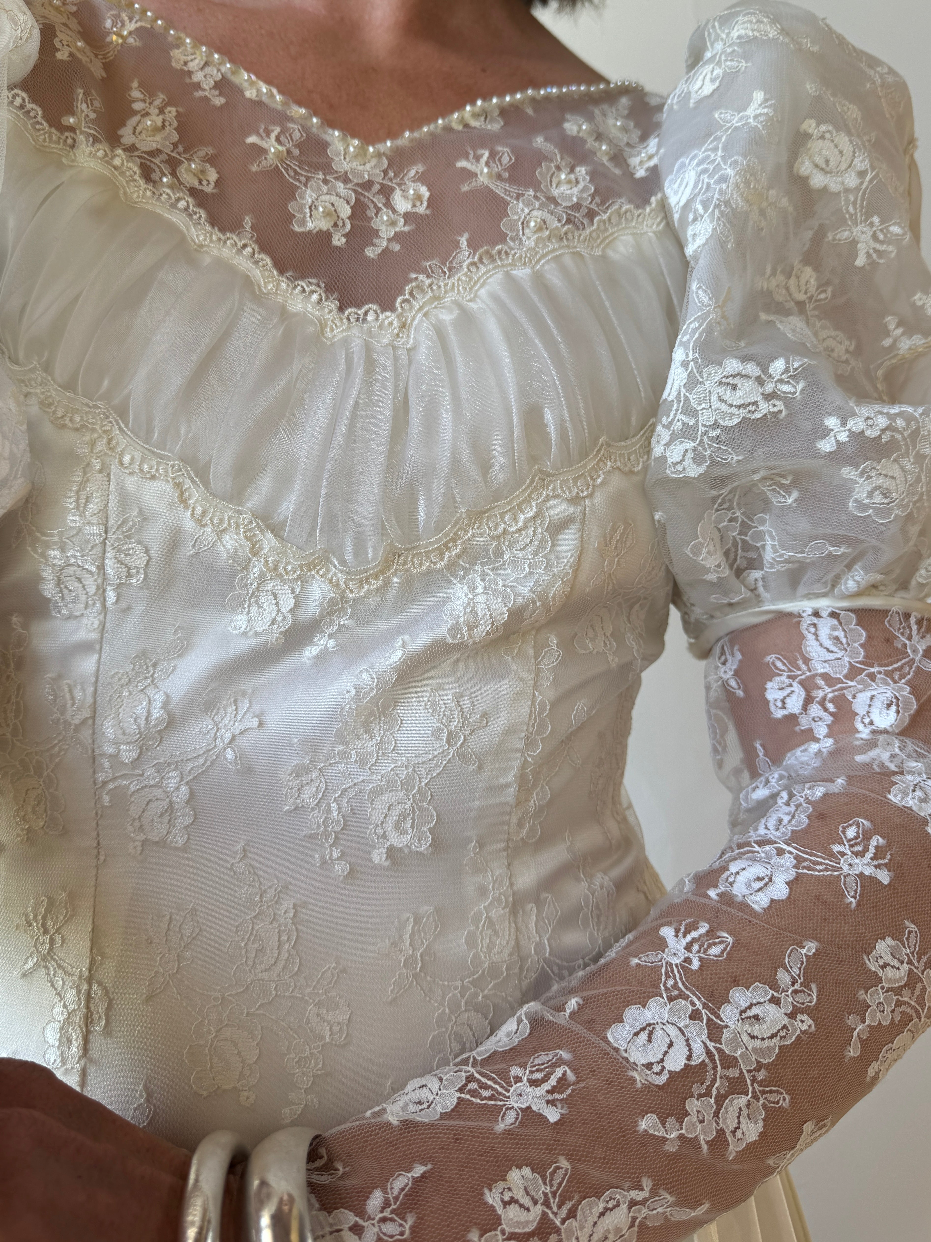 Vintage 80s Lace Satin Sequin Panelled Wedding Gown