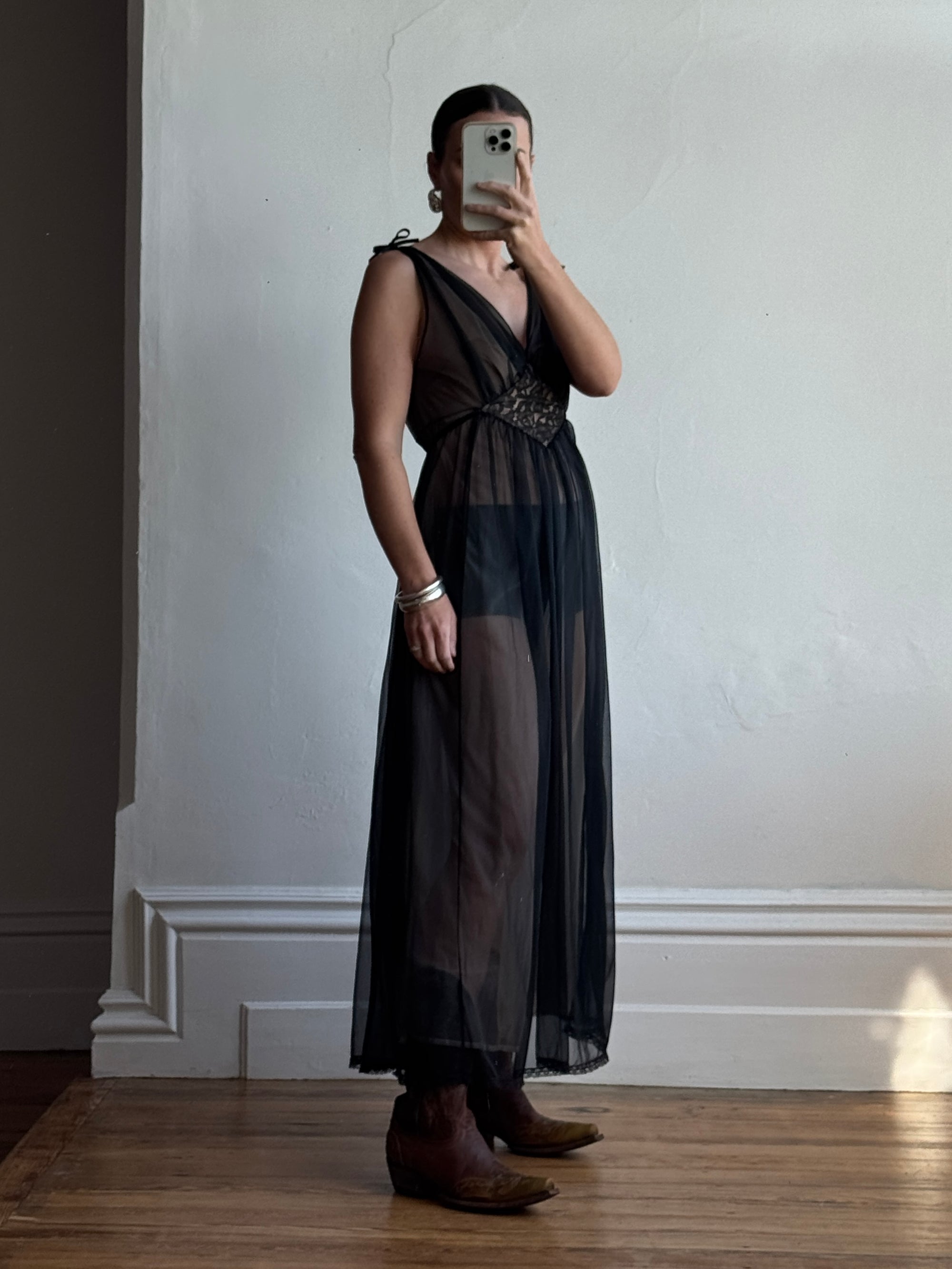 Vintage 60s Noir and Nude Chiffon V Slip Dress