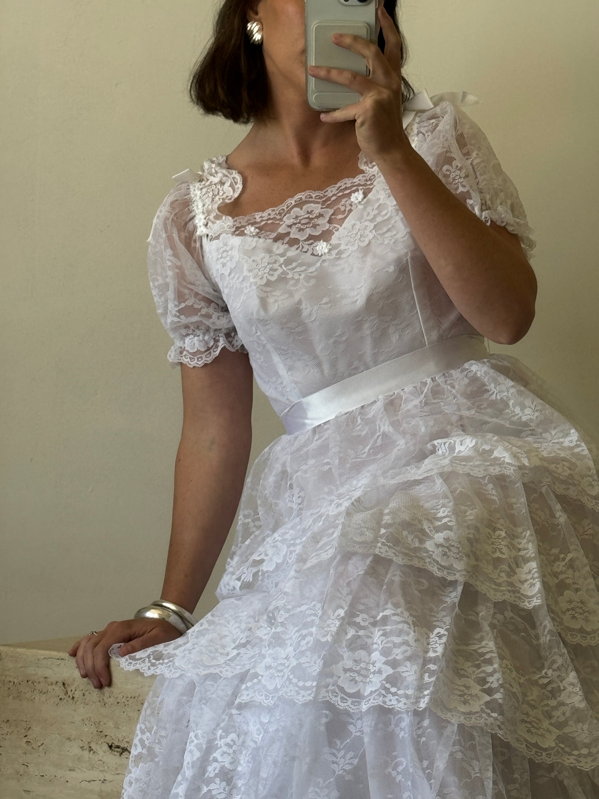 Vintage 70s Tiered Lace Wedding Dress With Ribbon