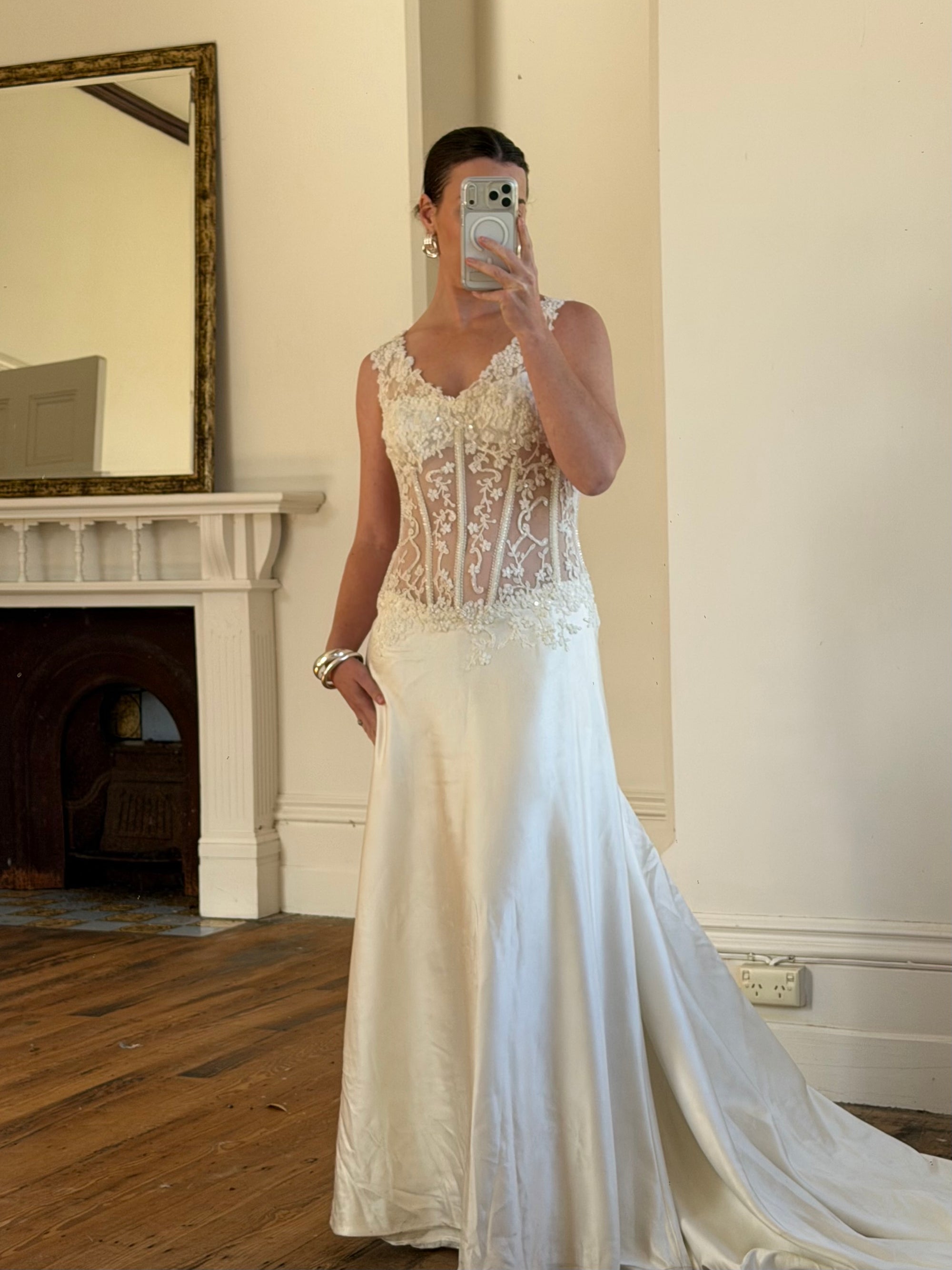 Vintage 90s Italian Naked Embroidered Satin Wedding Dress