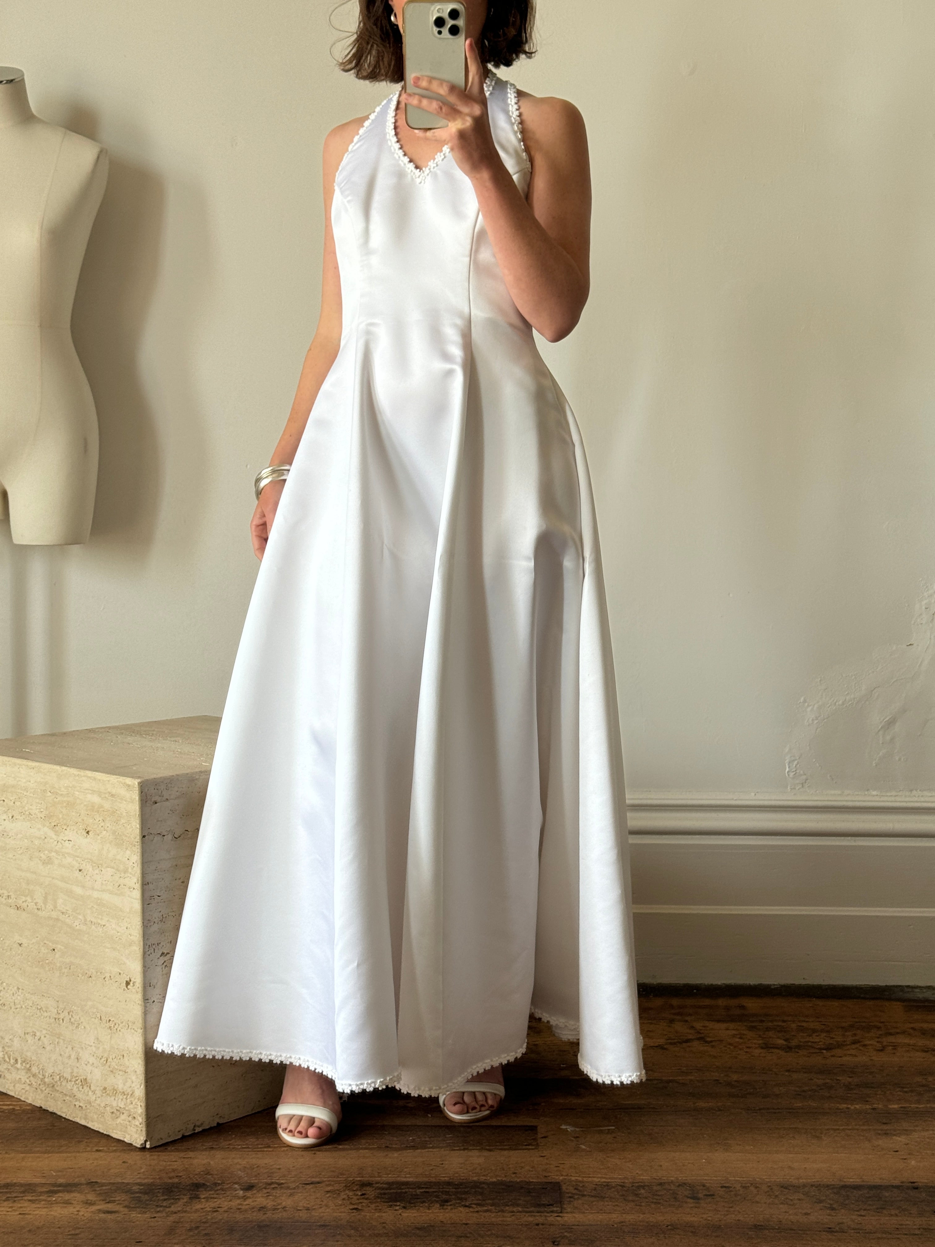 Vintage 90s Satin Halter Wedding Dress With Daisies