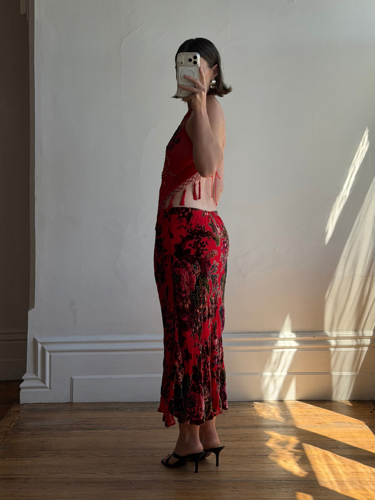 Vintage Y2K Burnt Velvet Beaded Fringe Halter and Skirt Set Crimson