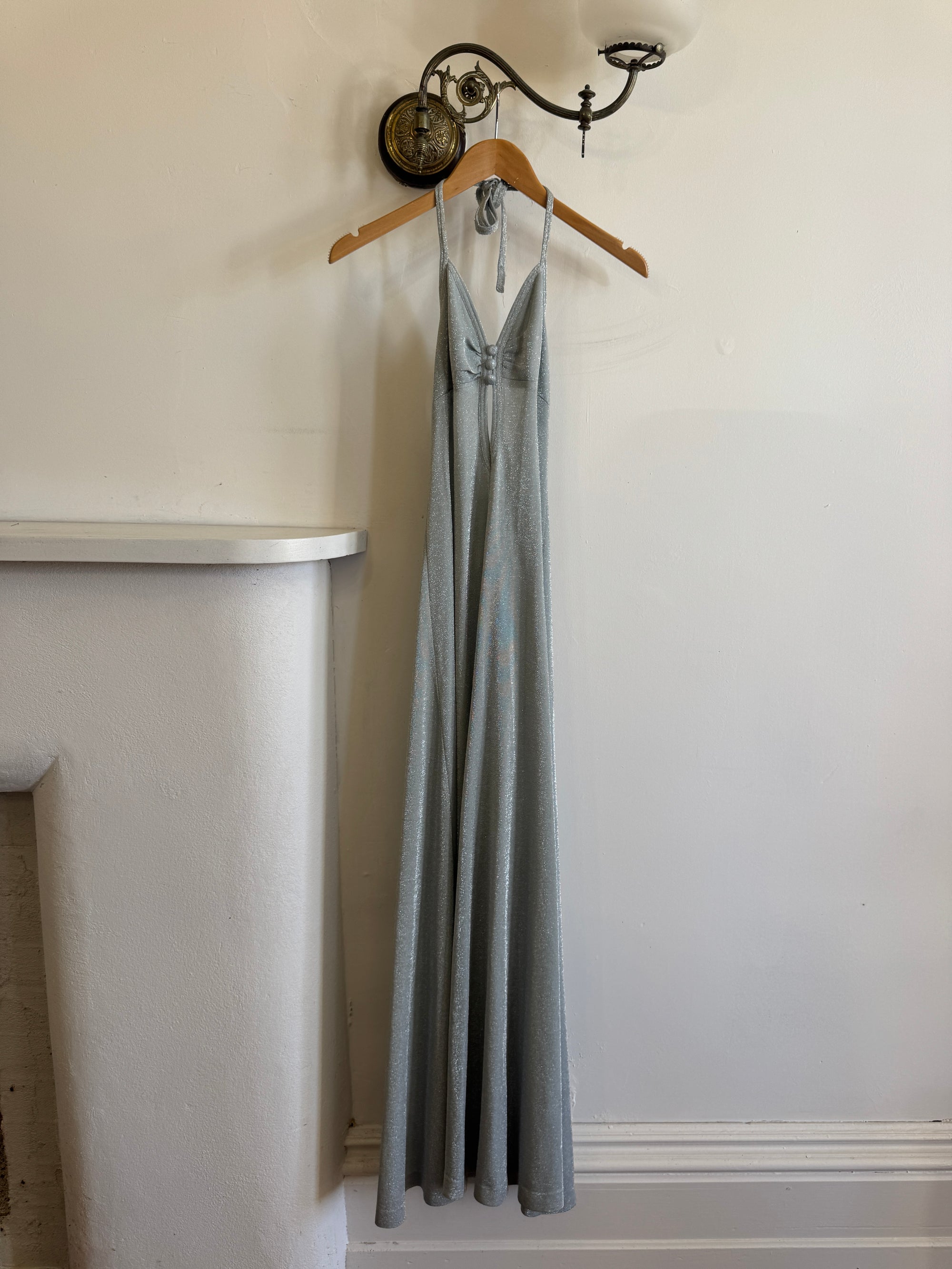 Vintage 70s Lurex Ice Blue Halter Maxi Dress