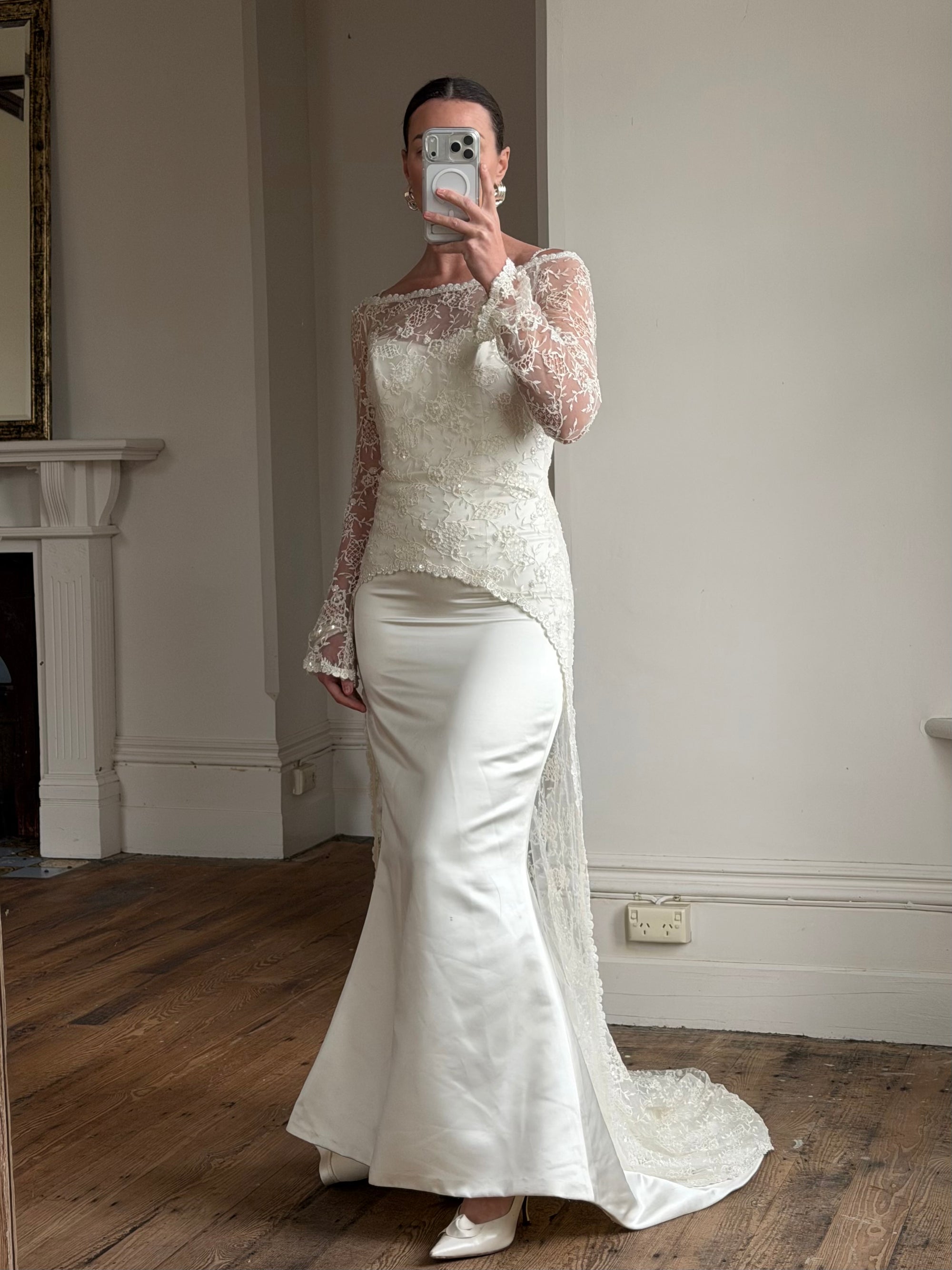 Vintage 90s Italian Beaded Lace and Satin Wedding Gown