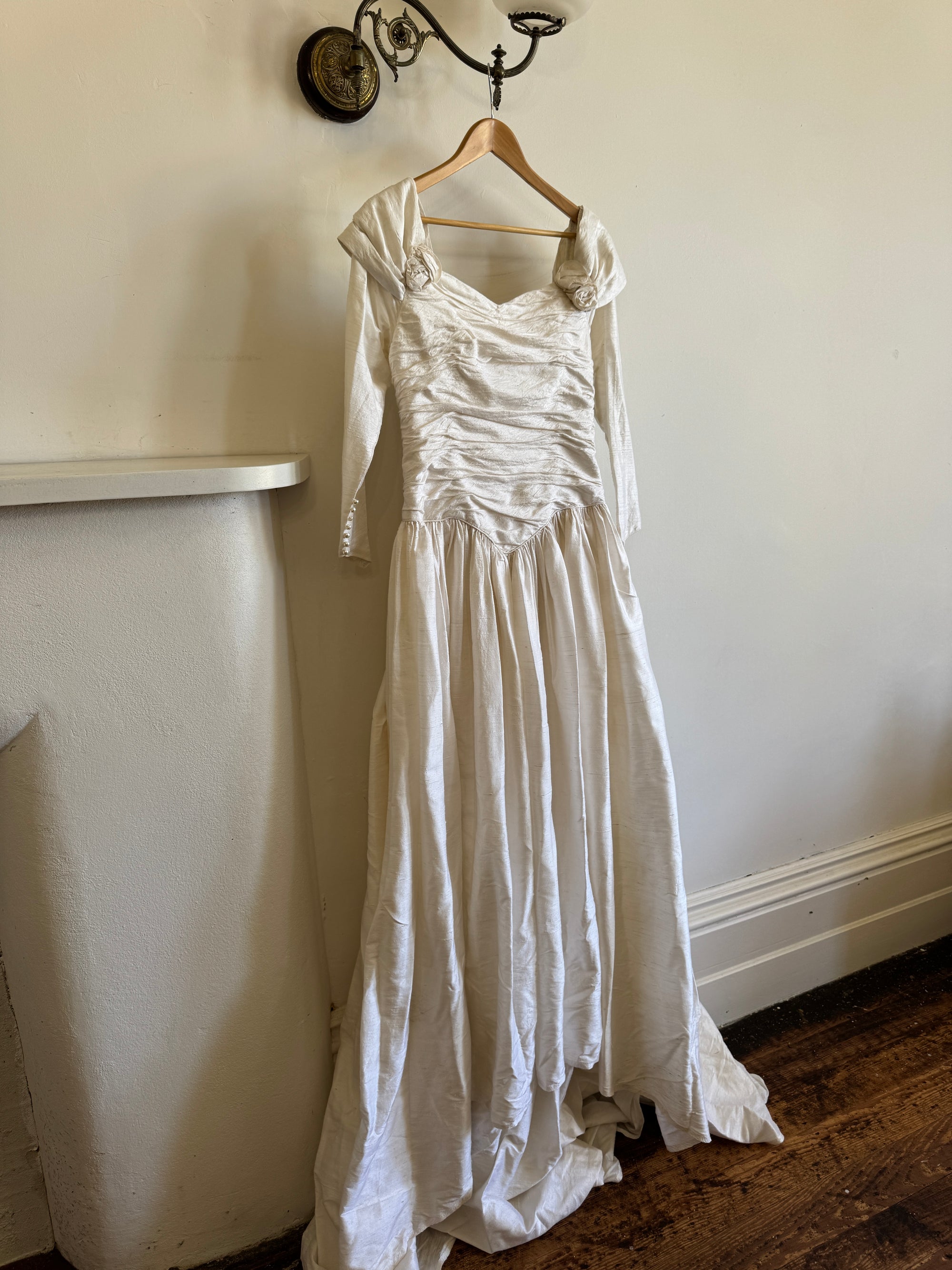 Vintage 90s Pure Silk Rosette Off Shoulder Wedding Gown