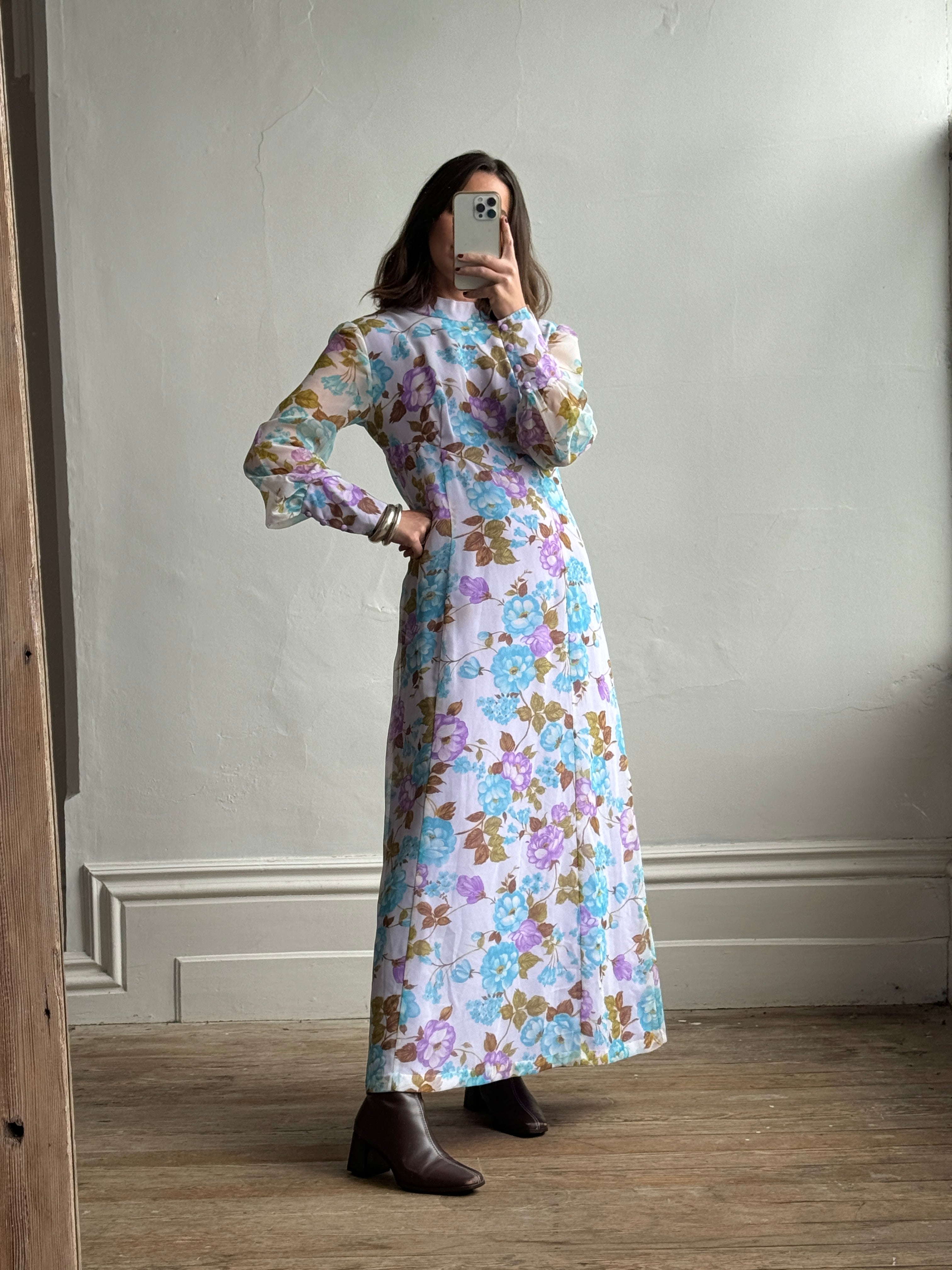 Vintage 60s Lilac Floral Spring Maxi Dress