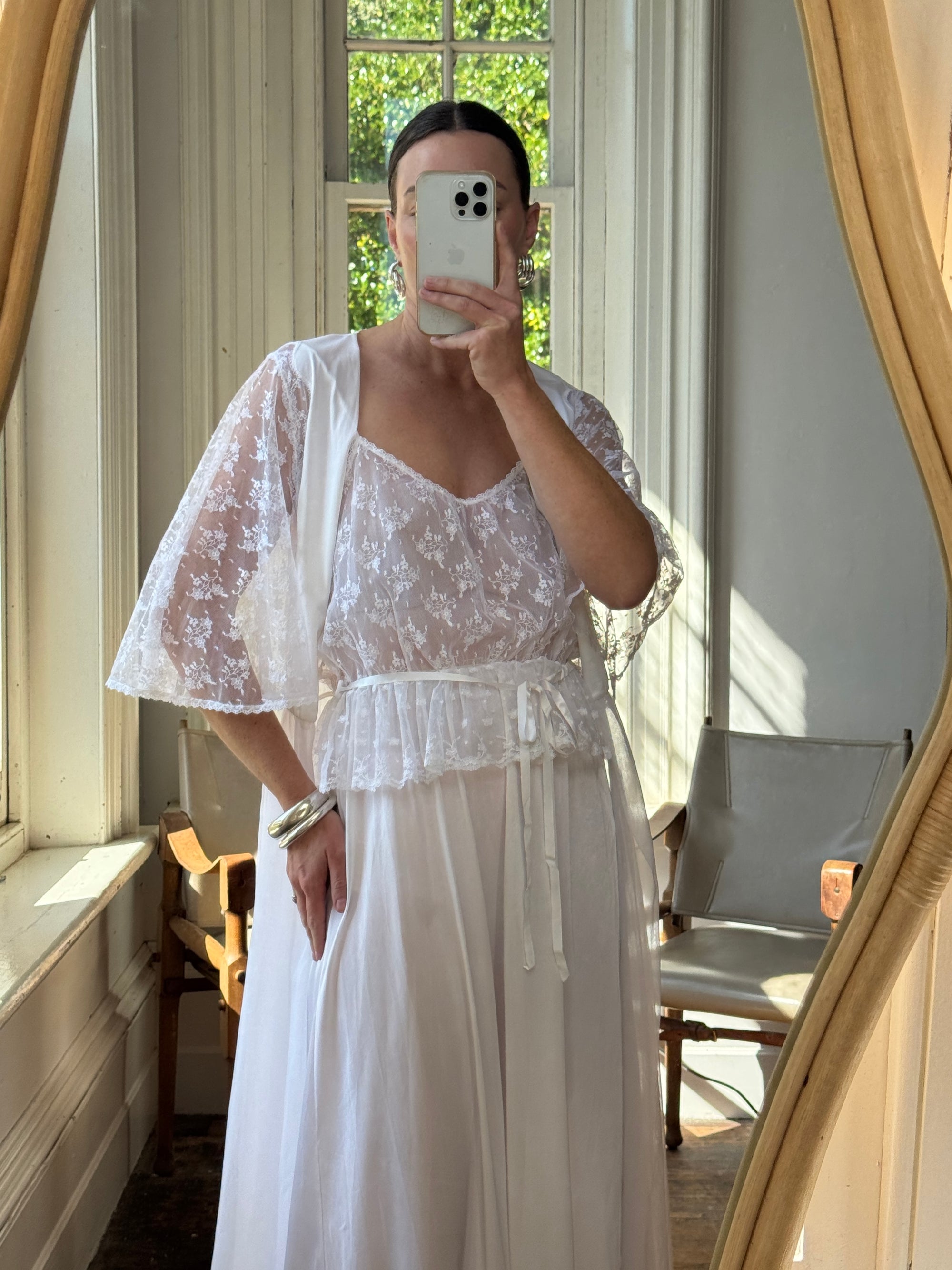 Vintage 80s Lace Peignoir and Slip Set