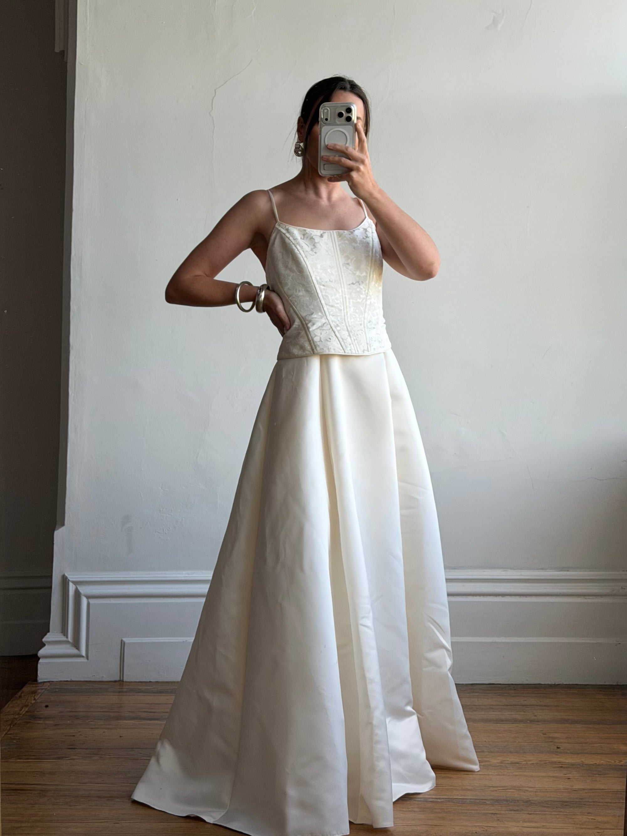 Vintage 90s Brocade Corset Satin Bridal Gown Champagne