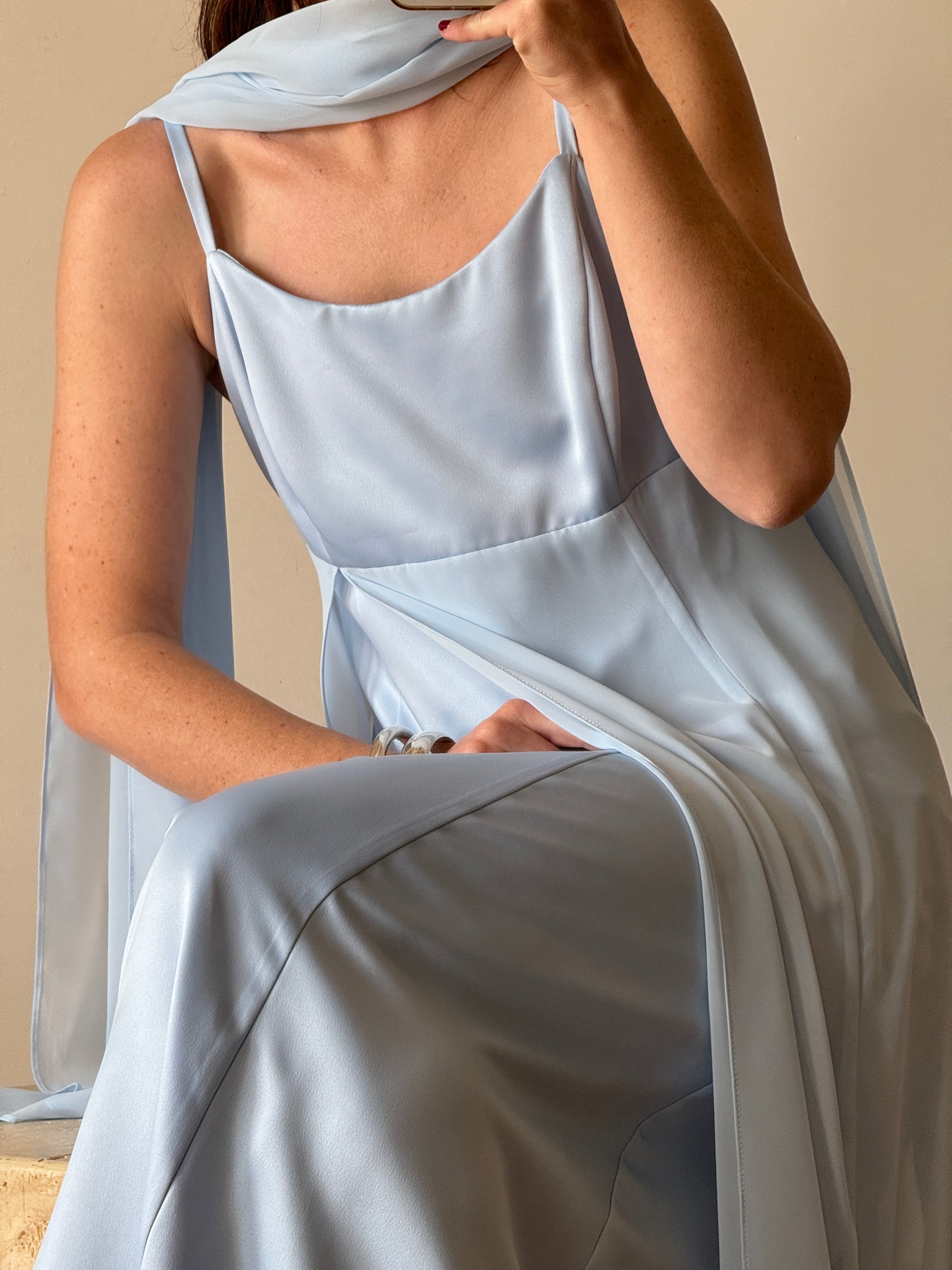 Vintage 90s Sky Blue Strappy Slip Dress with Neck Scarf