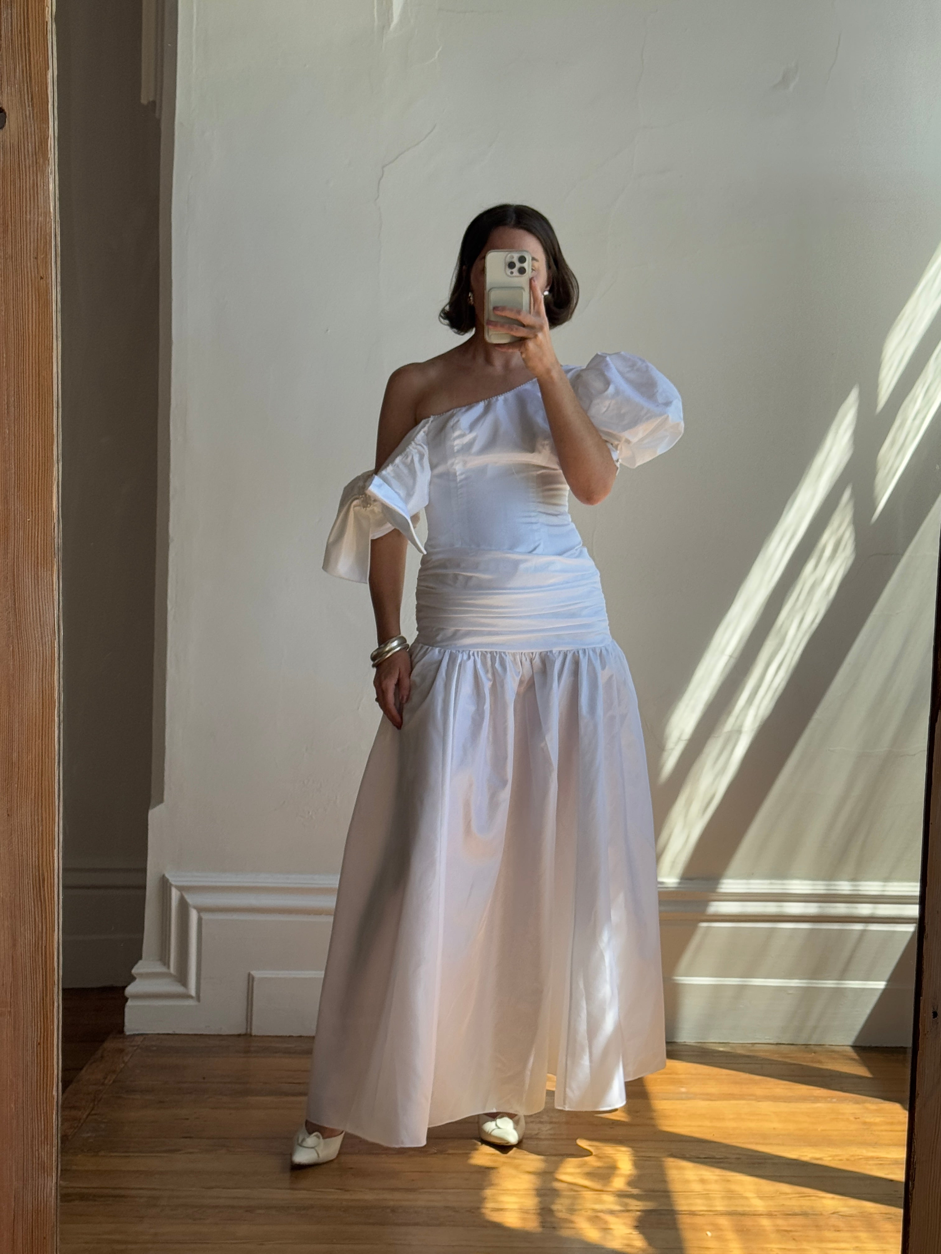 Vintage 80s Asymmetrical Taffeta Drop Waist Wedding Dress