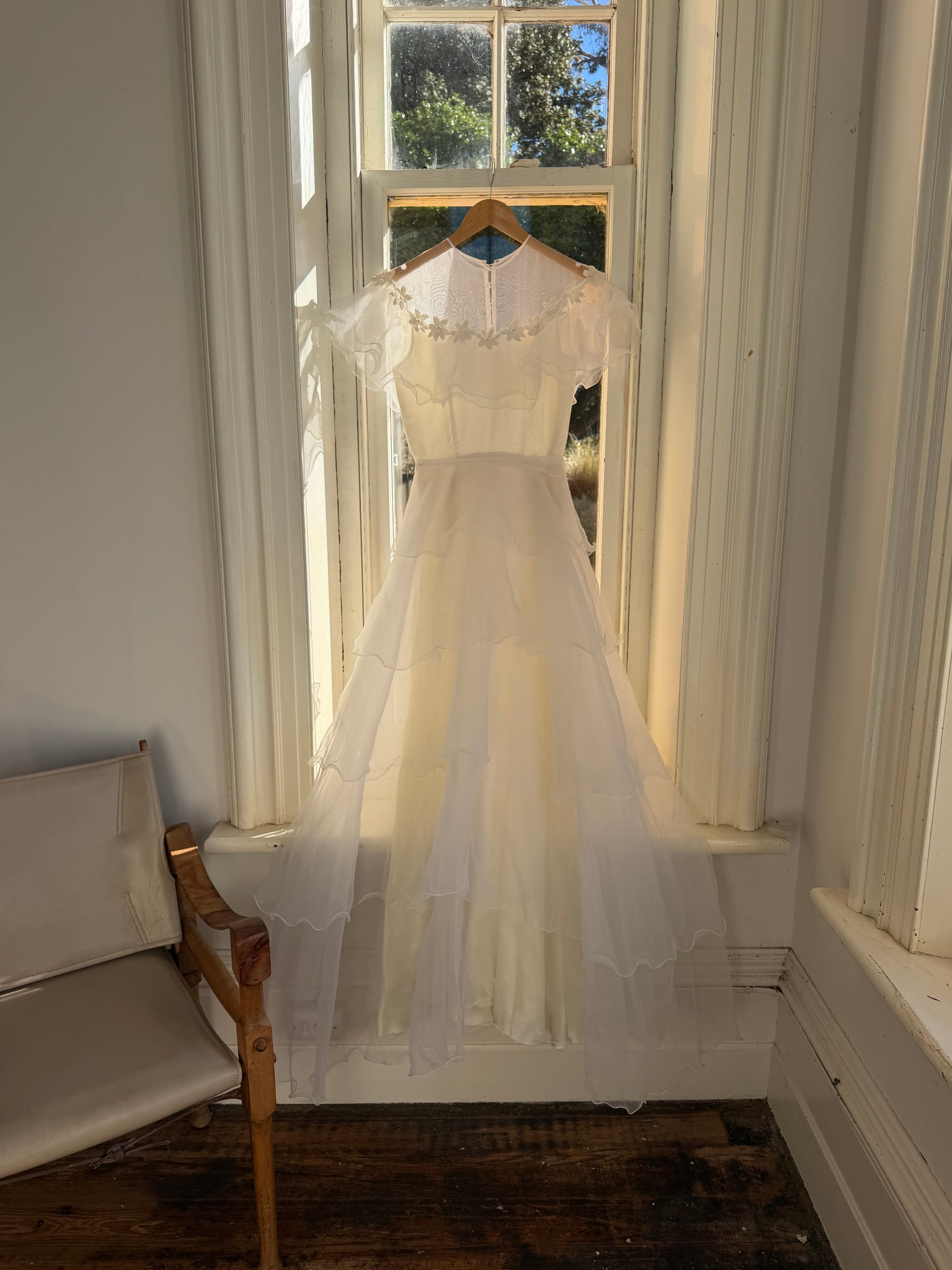 Vintage 70s Tiered Organza Prairie Daisy Wedding Dress