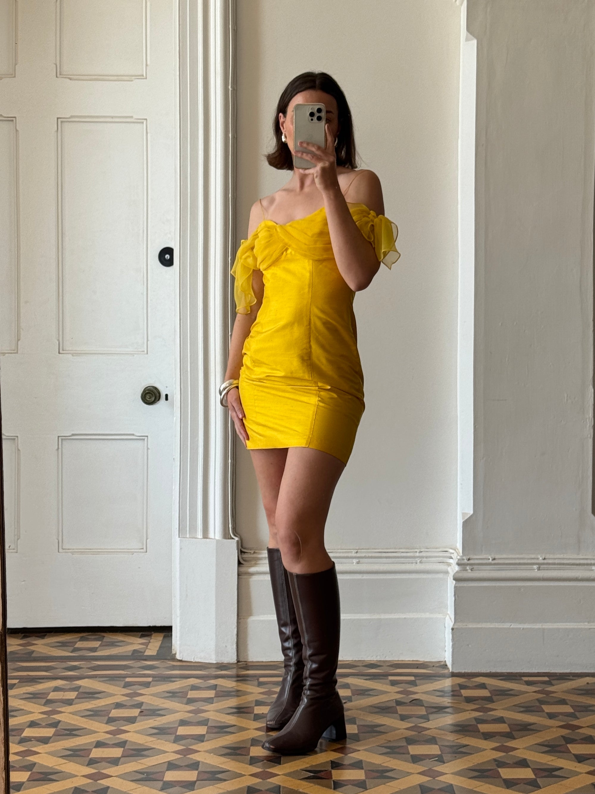 Vintage 90s Pure Silk Mini Dress Sunshine Yellow