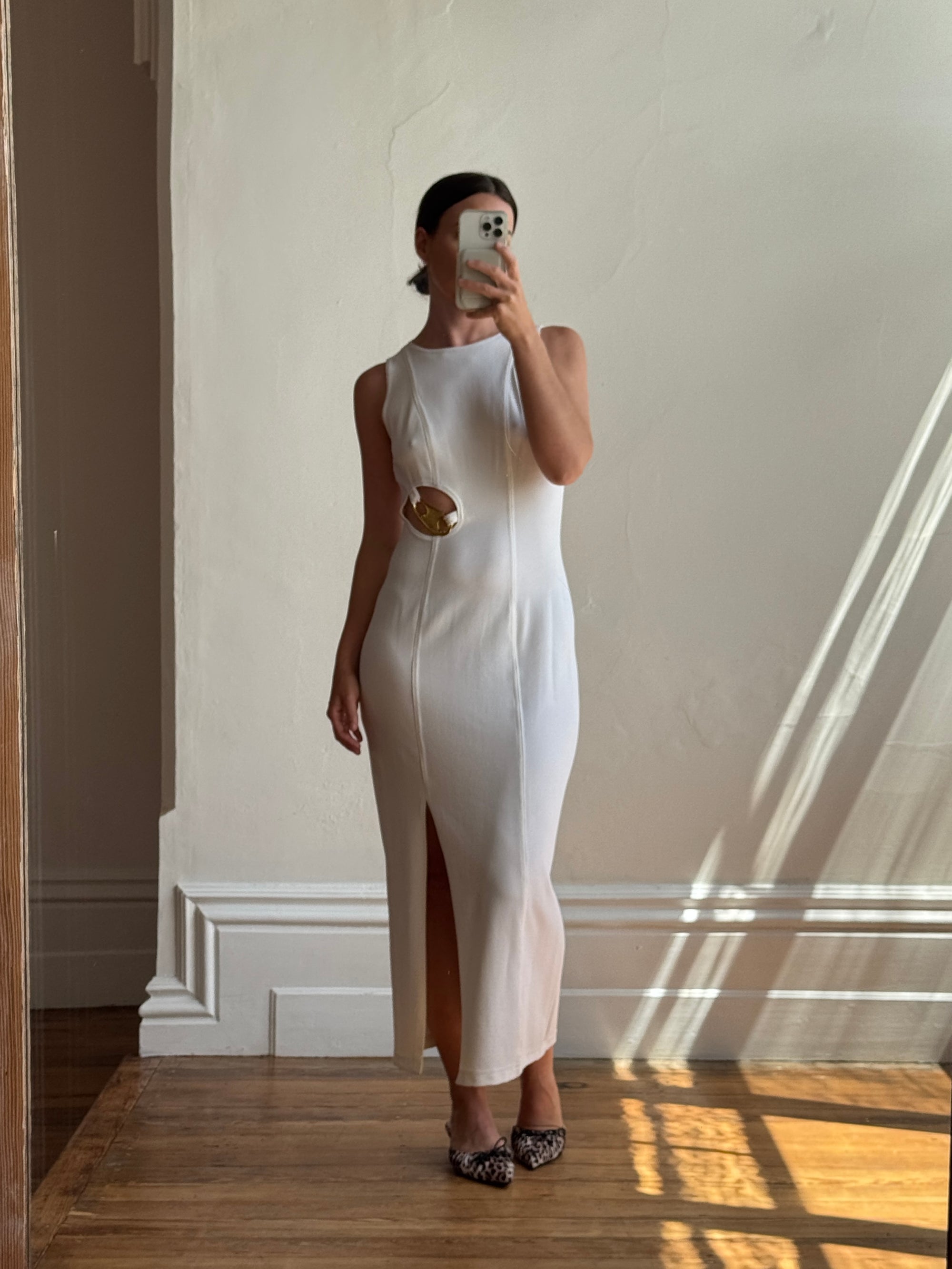 Vintage 90s Body Con Ivory Dress with Gold Hardware