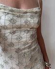Vintage 90s Pure Silk Silver Beaded Tinsel Dress Ivory
