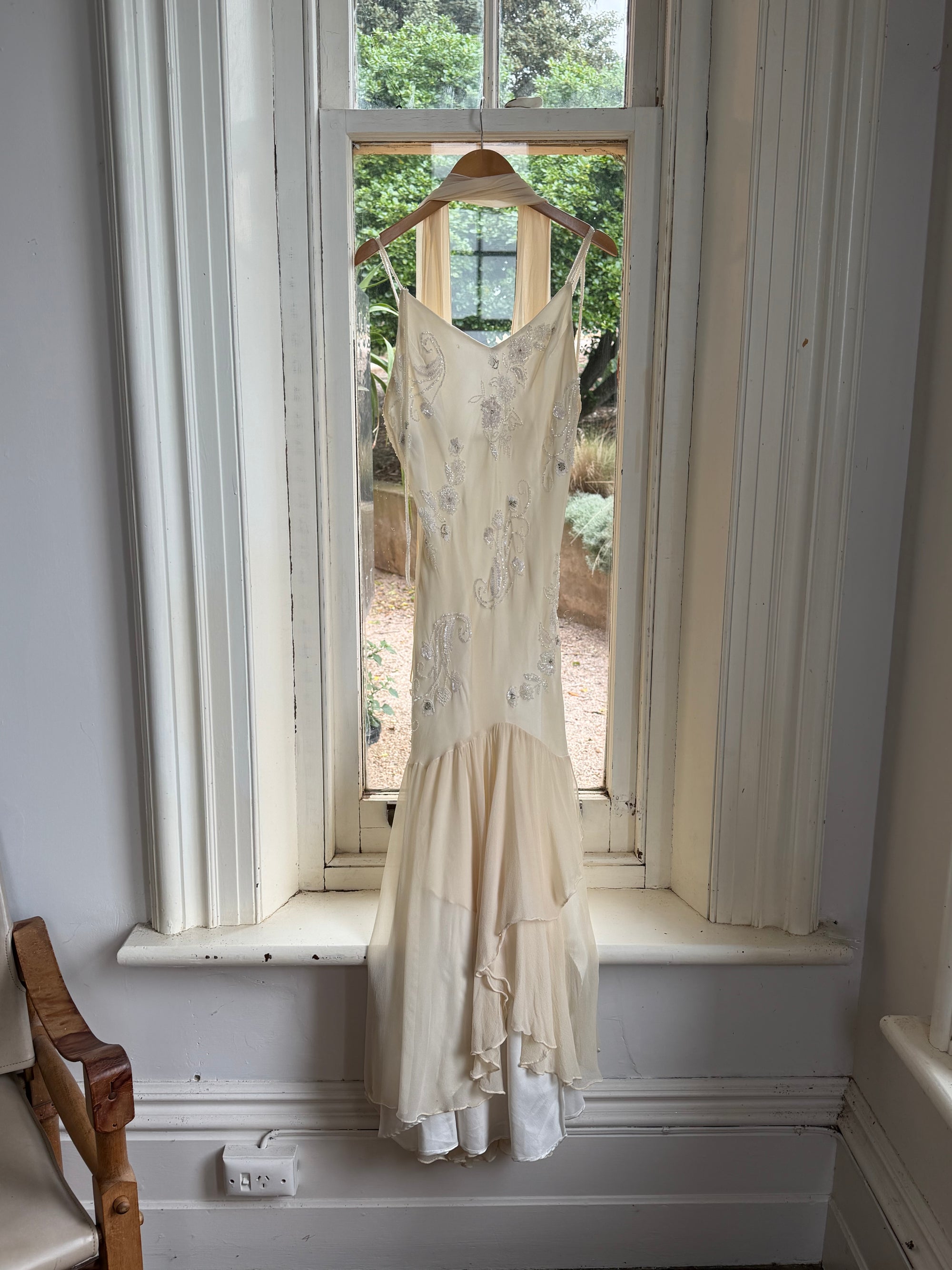 Vintage 90s Pure Silk Embellished Midi Dress With Scarf Creme
