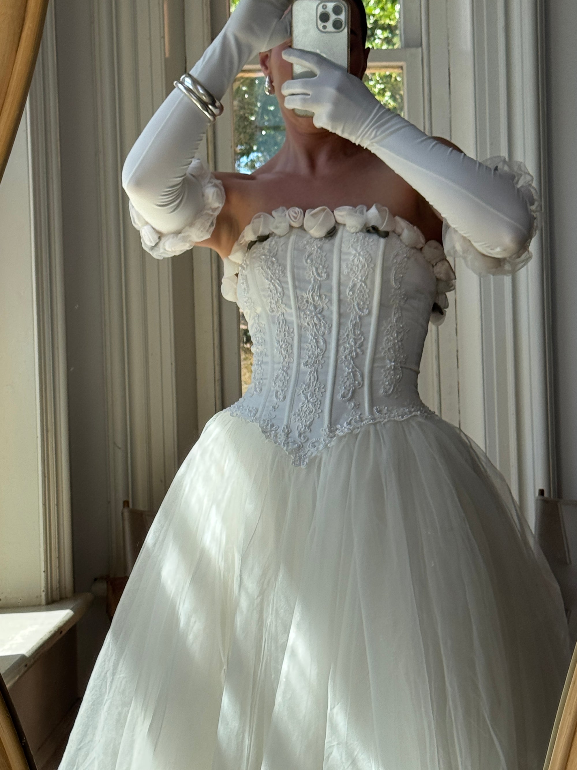 Vintage 90s Rosette Tulle Princess Wedding Gown with Gloves