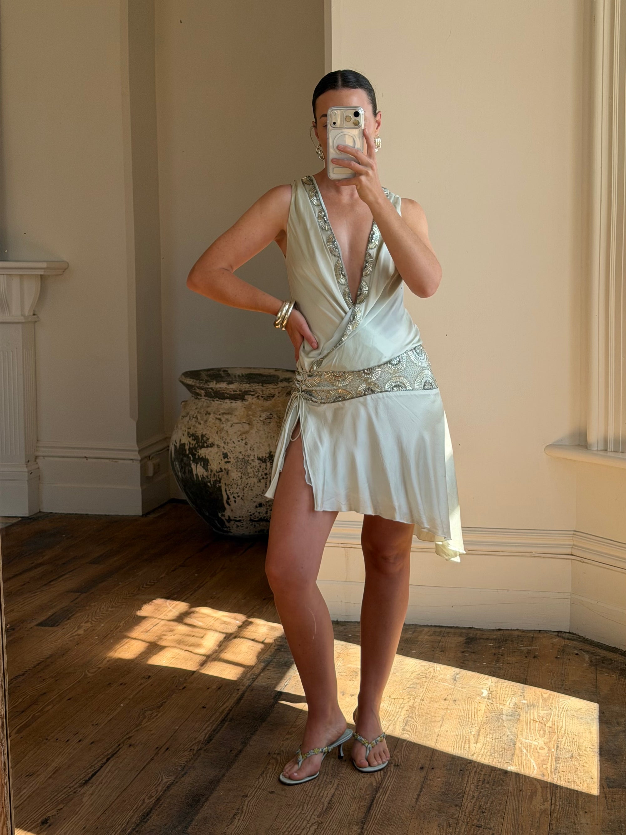 Vintage Y2K Pure Silk Drop Waist Beaded Mini Ice
