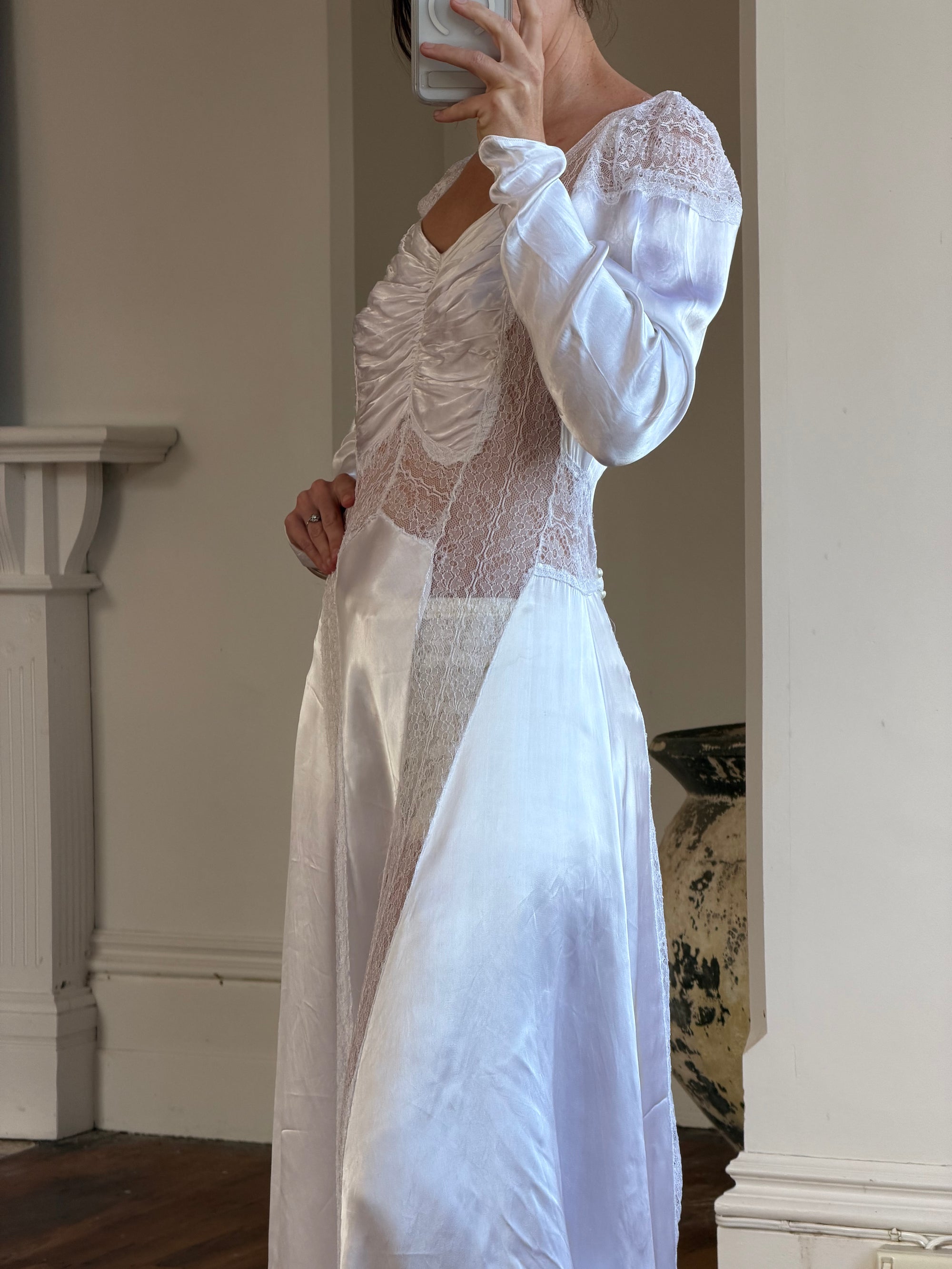 Vintage 40s Liquid Silk Satin Sheer Lace Wedding Gown
