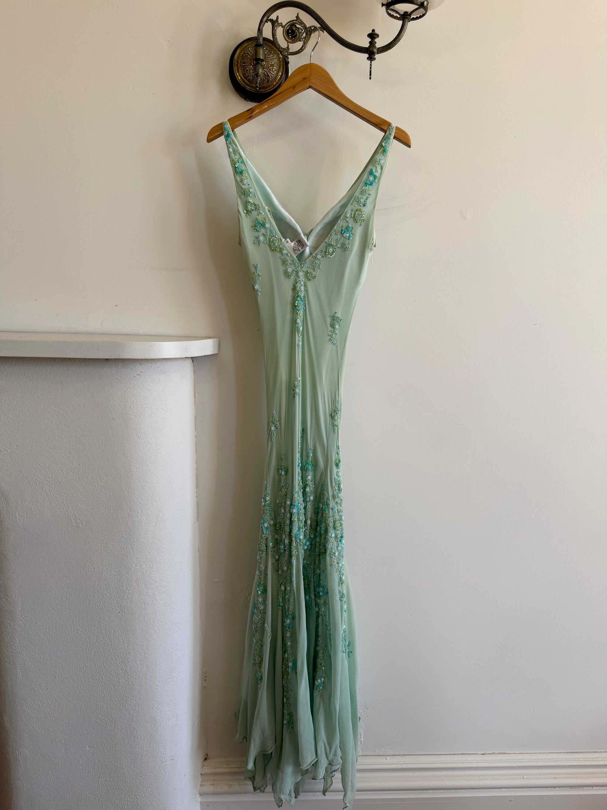 Vintage 90s Pure Silk Aquamarine Fairy Beaded Dress