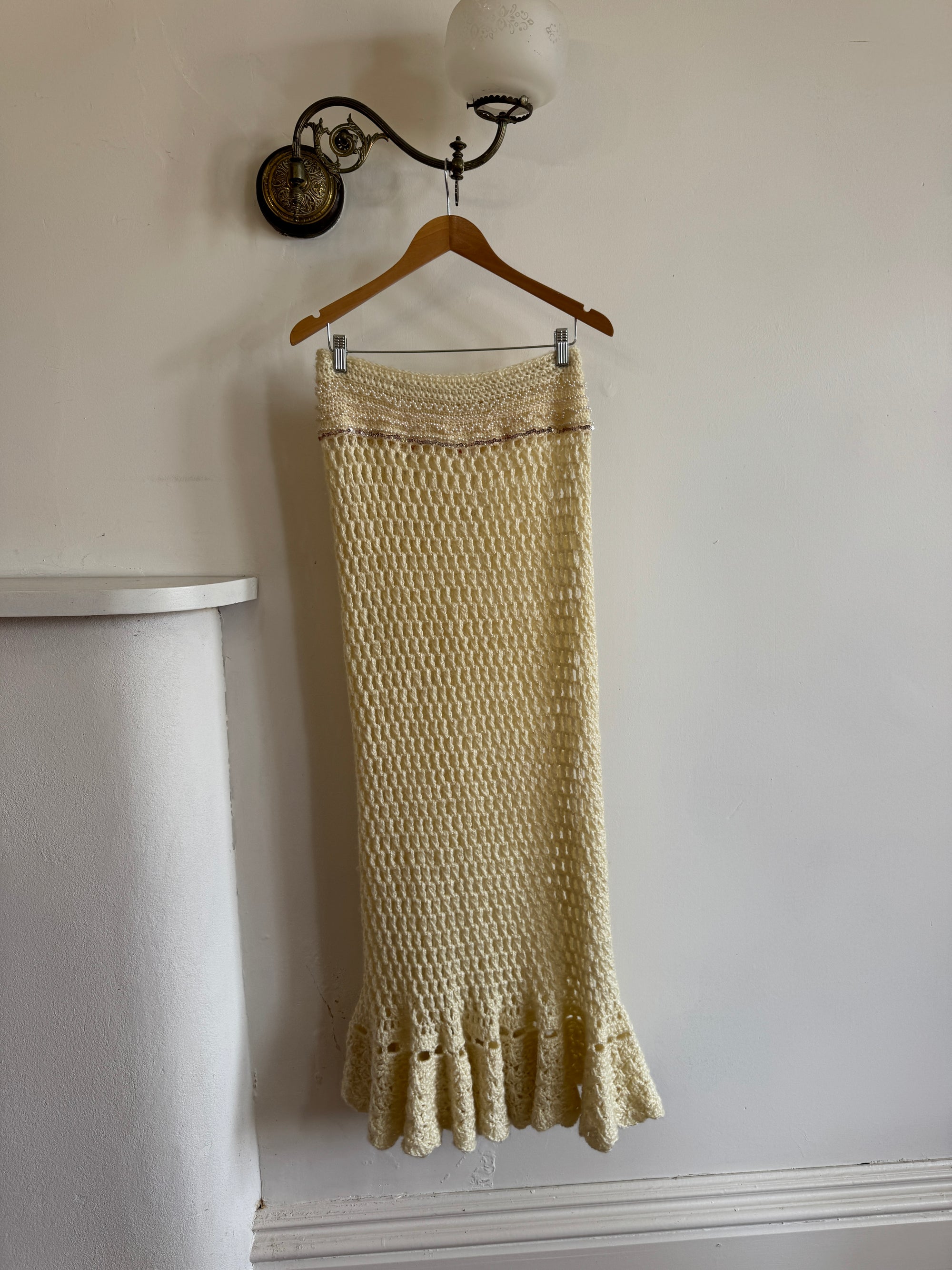 Vintage 70s Wool Crochet Beaded Mermaid Bias Skirt