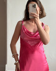 Vintage 90s Pure Silk Bias Cut Slip Dress With Rhinestones Hot Pink