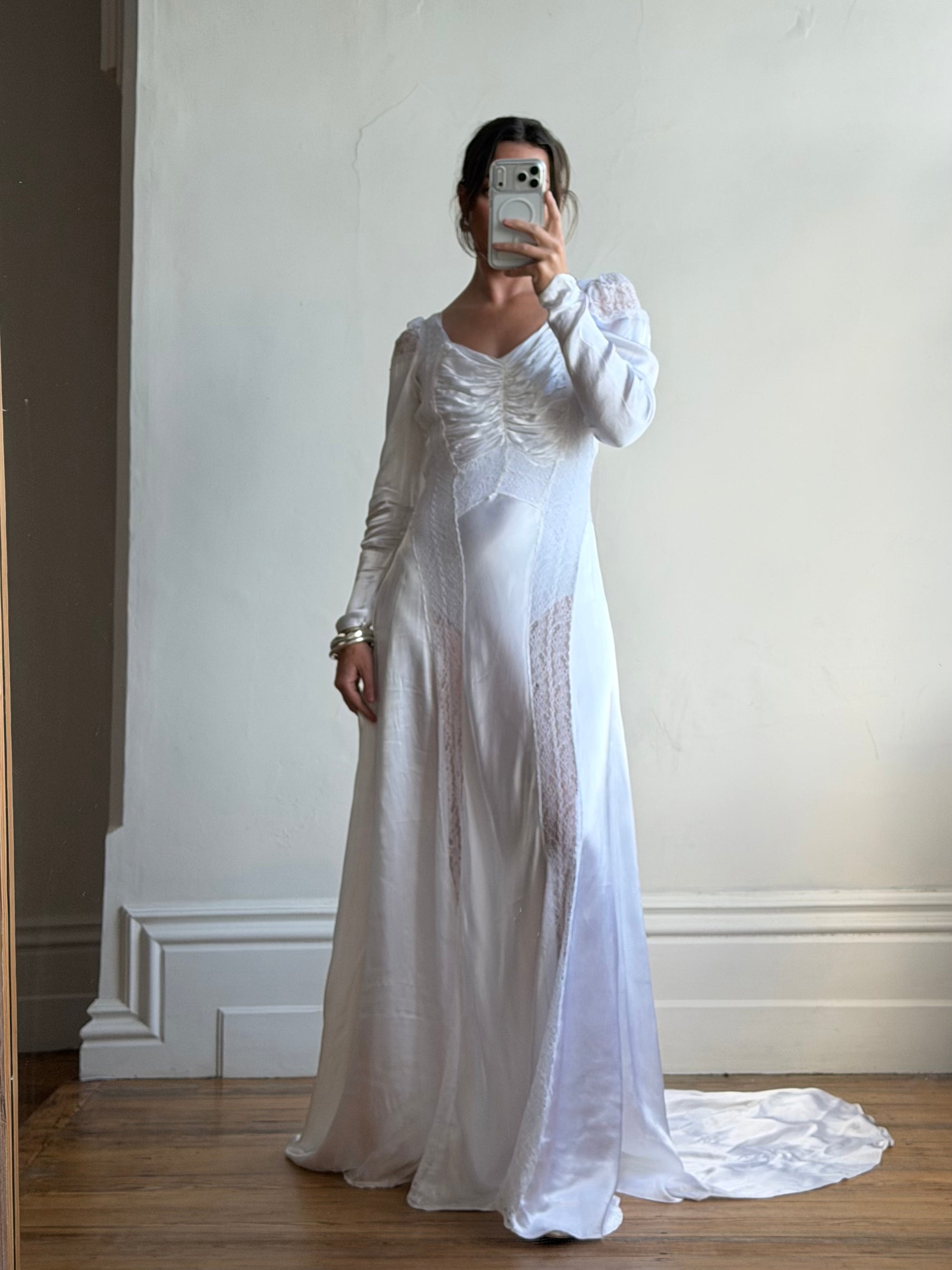 Vintage 40s Liquid Silk Satin Sheer Lace Wedding Gown