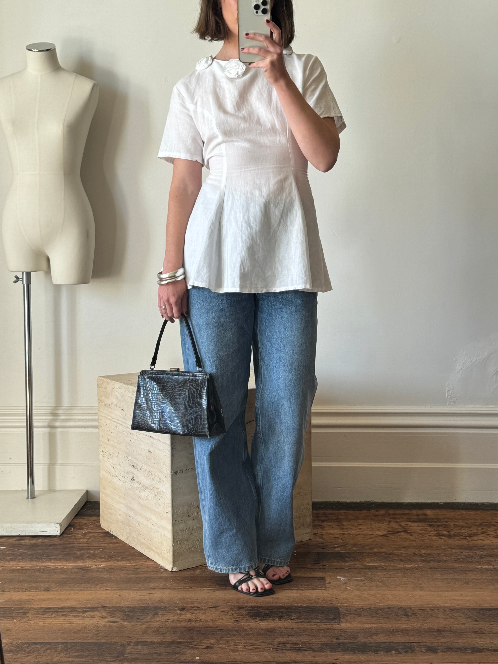 Vintage 80s Linen Blend Tie Back Tunic Top with Rosettes