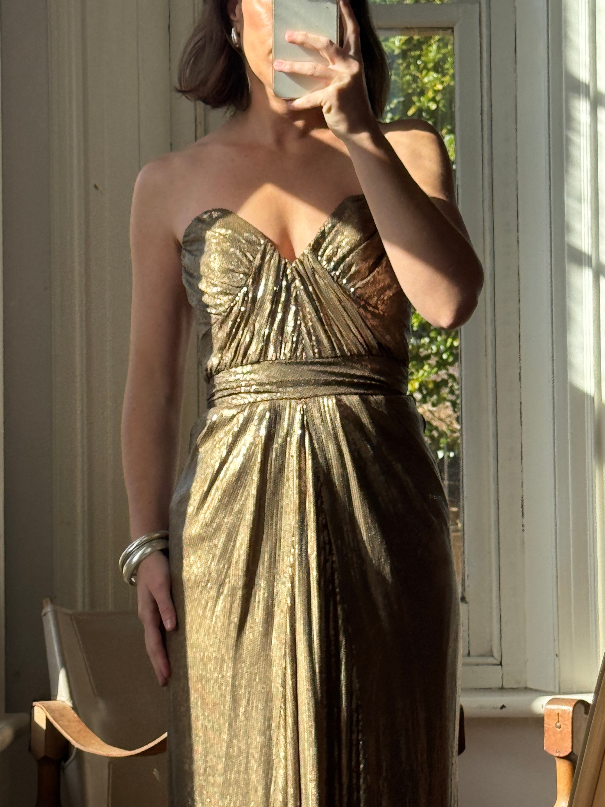 Vintage Y2K Plunging Golden Sequin Prom Dress