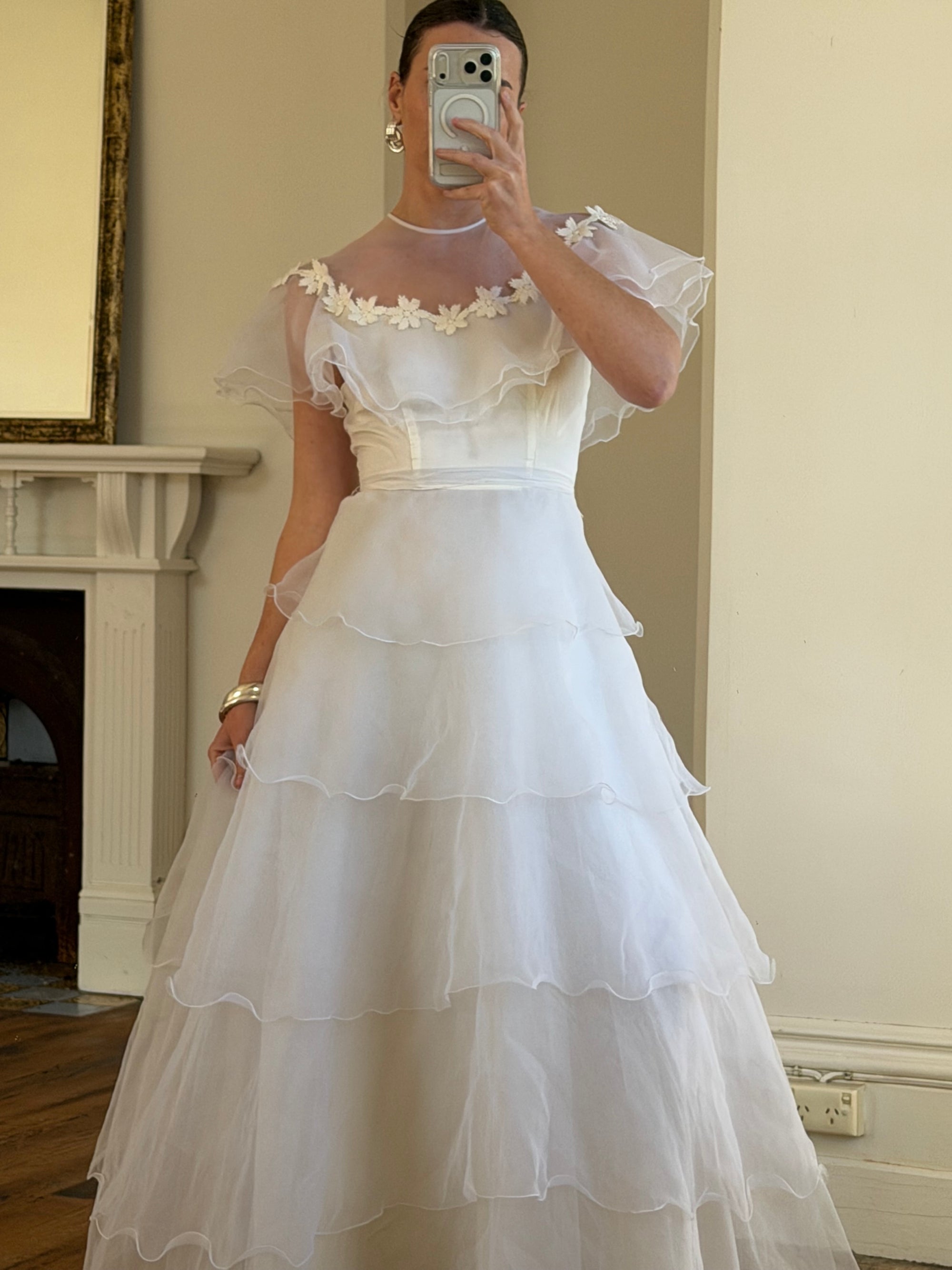 Vintage 70s Tiered Organza Prairie Daisy Wedding Dress