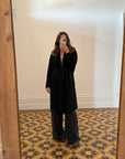 Vintage Black Pure Wool Mid Length Coat with Faux Fur Collar