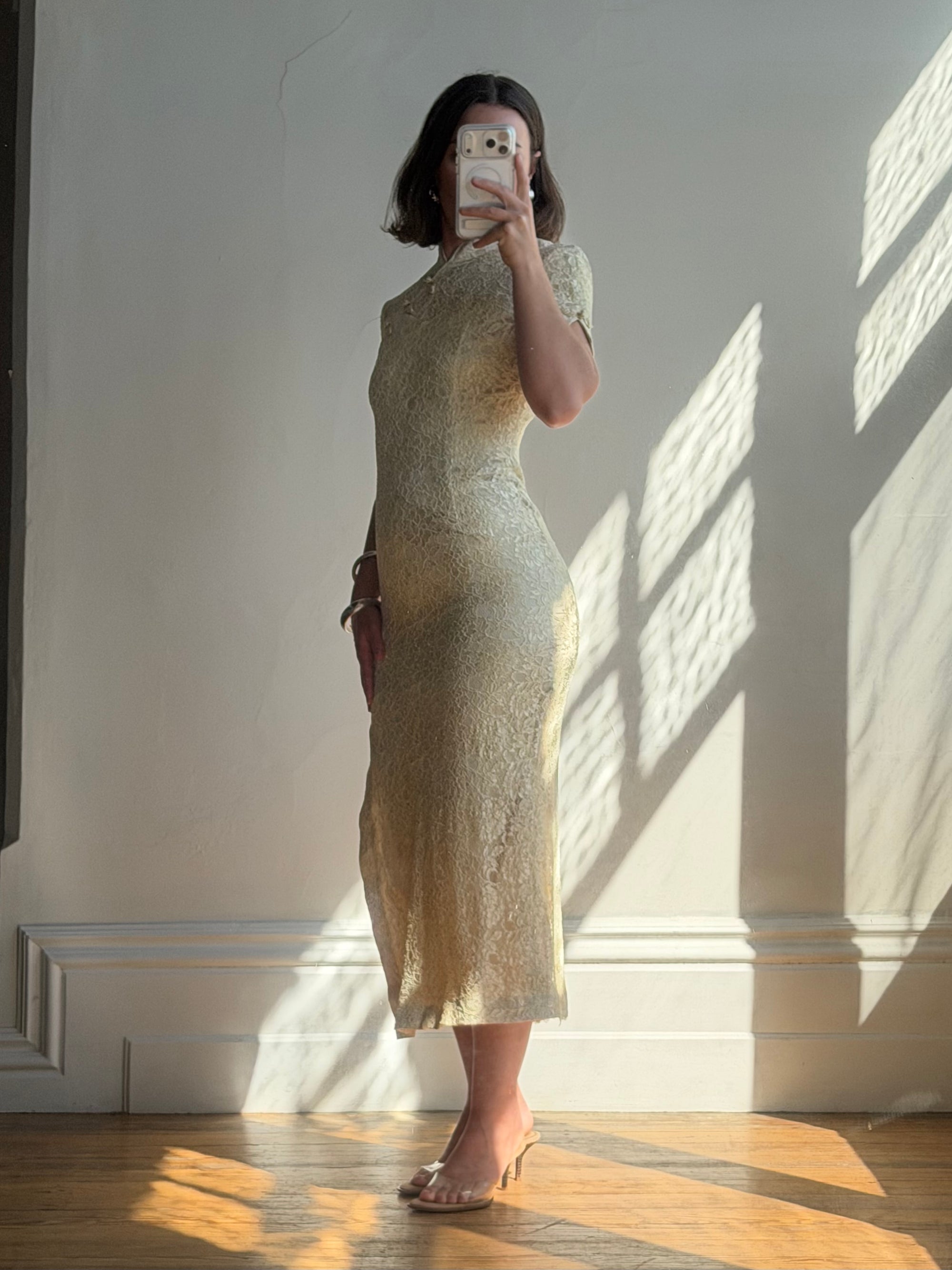 Vintage 90s Mandarin Collar Guipure Lace Midi Dress