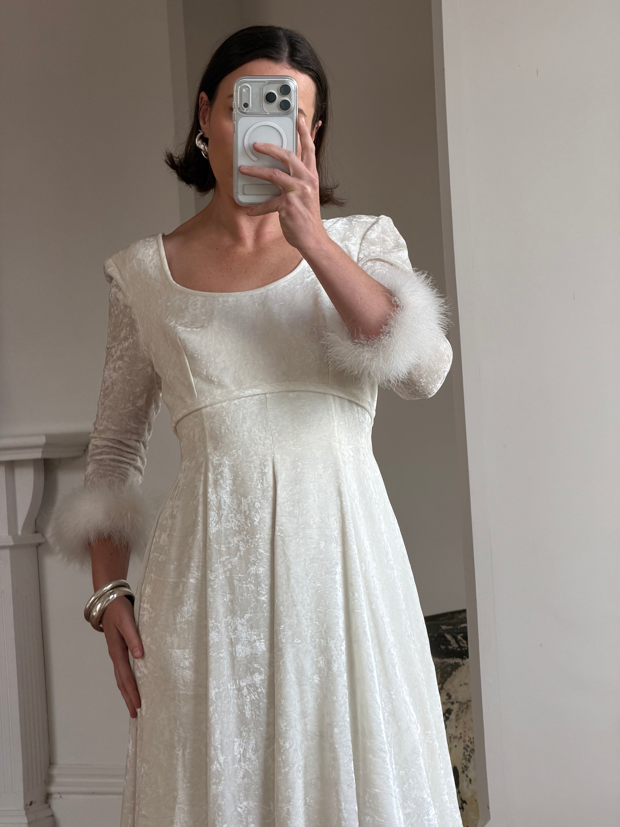 Vintage 90s Italian Velvet Long Sleeve Feather Wedding Gown