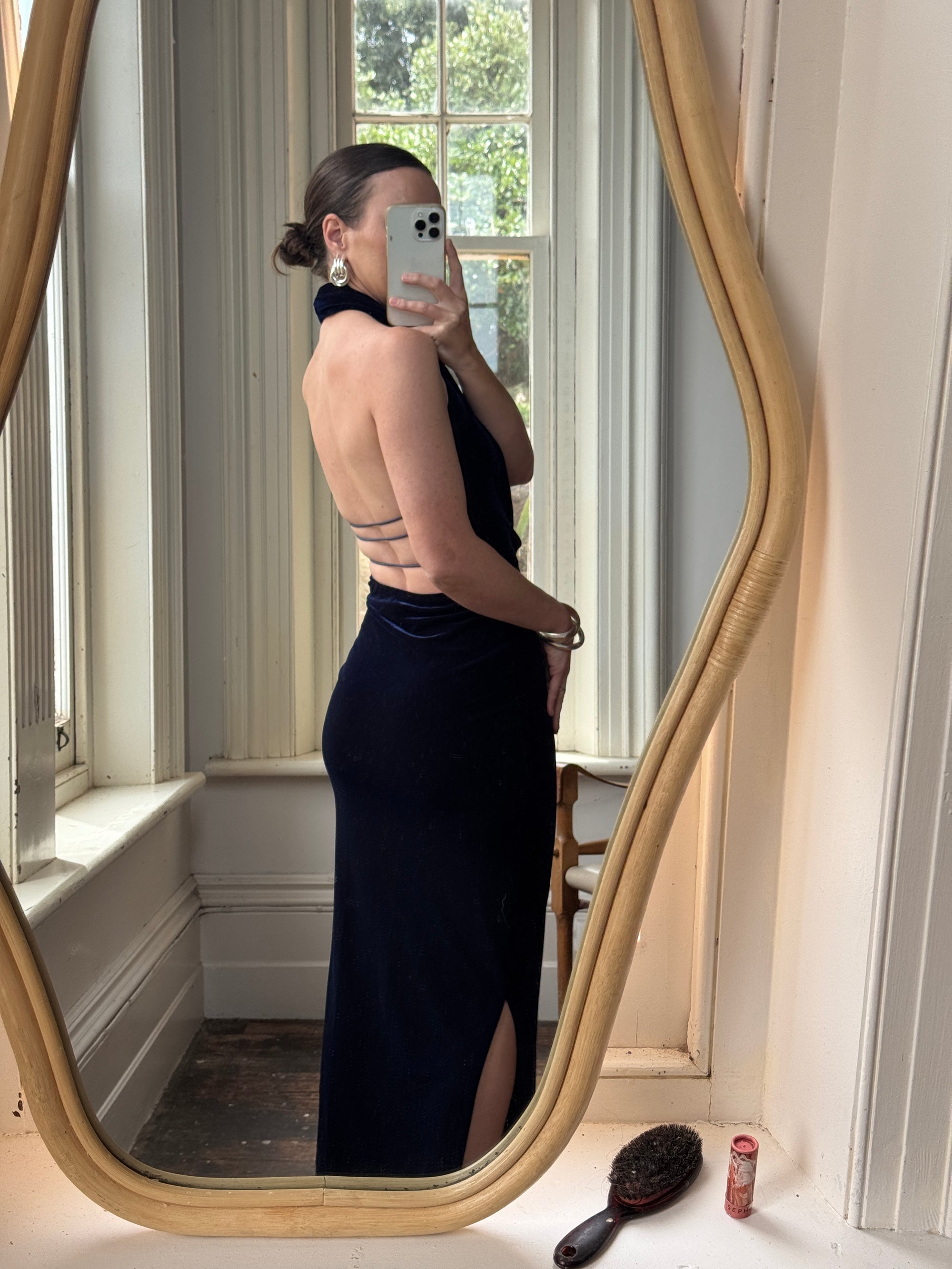 Vintage 90s Plunging Navy Velvet Bodycon Dress with Silver Hardware