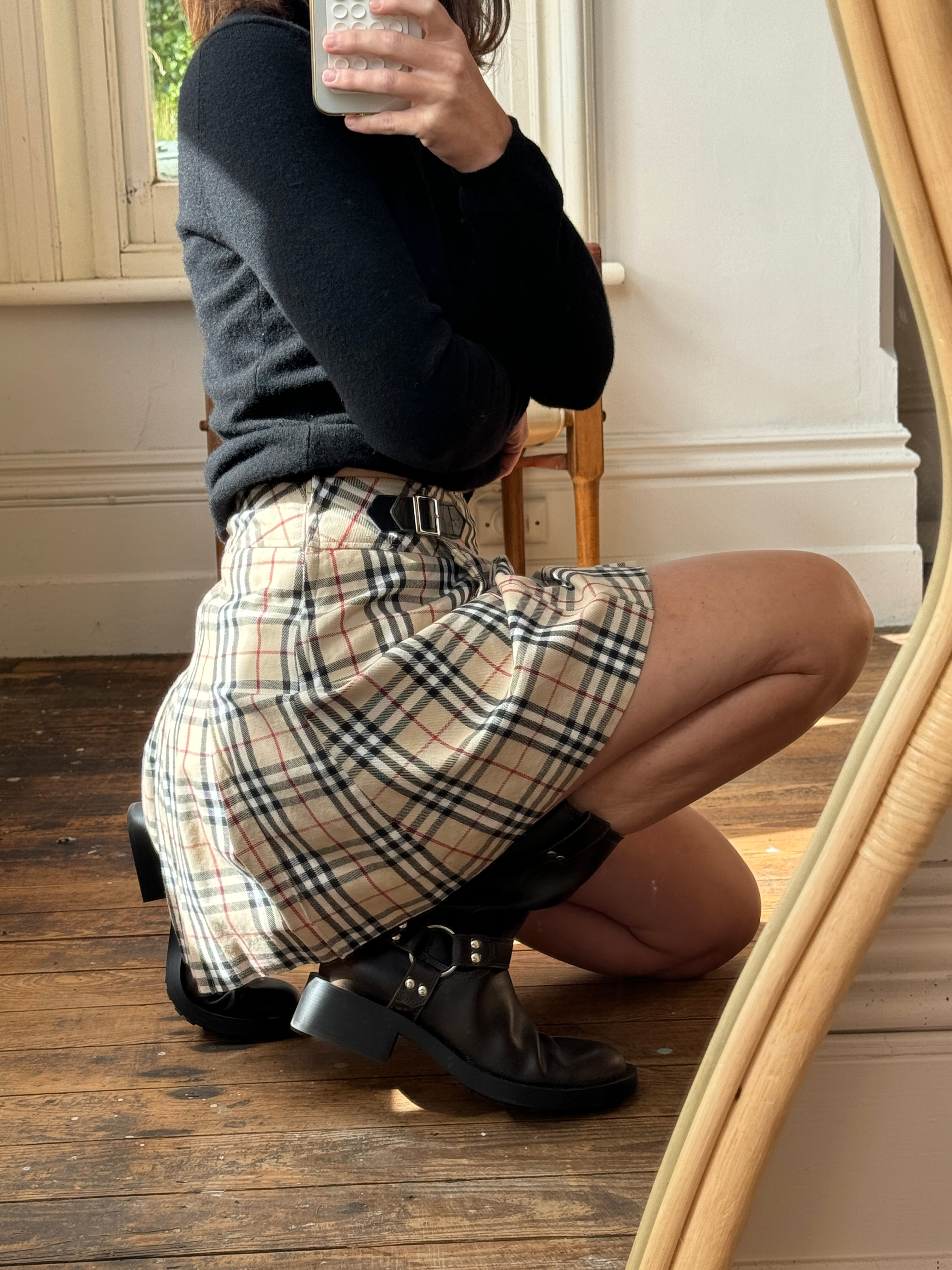 Vintage Burberry Tartan Mini Skirt With Buckle