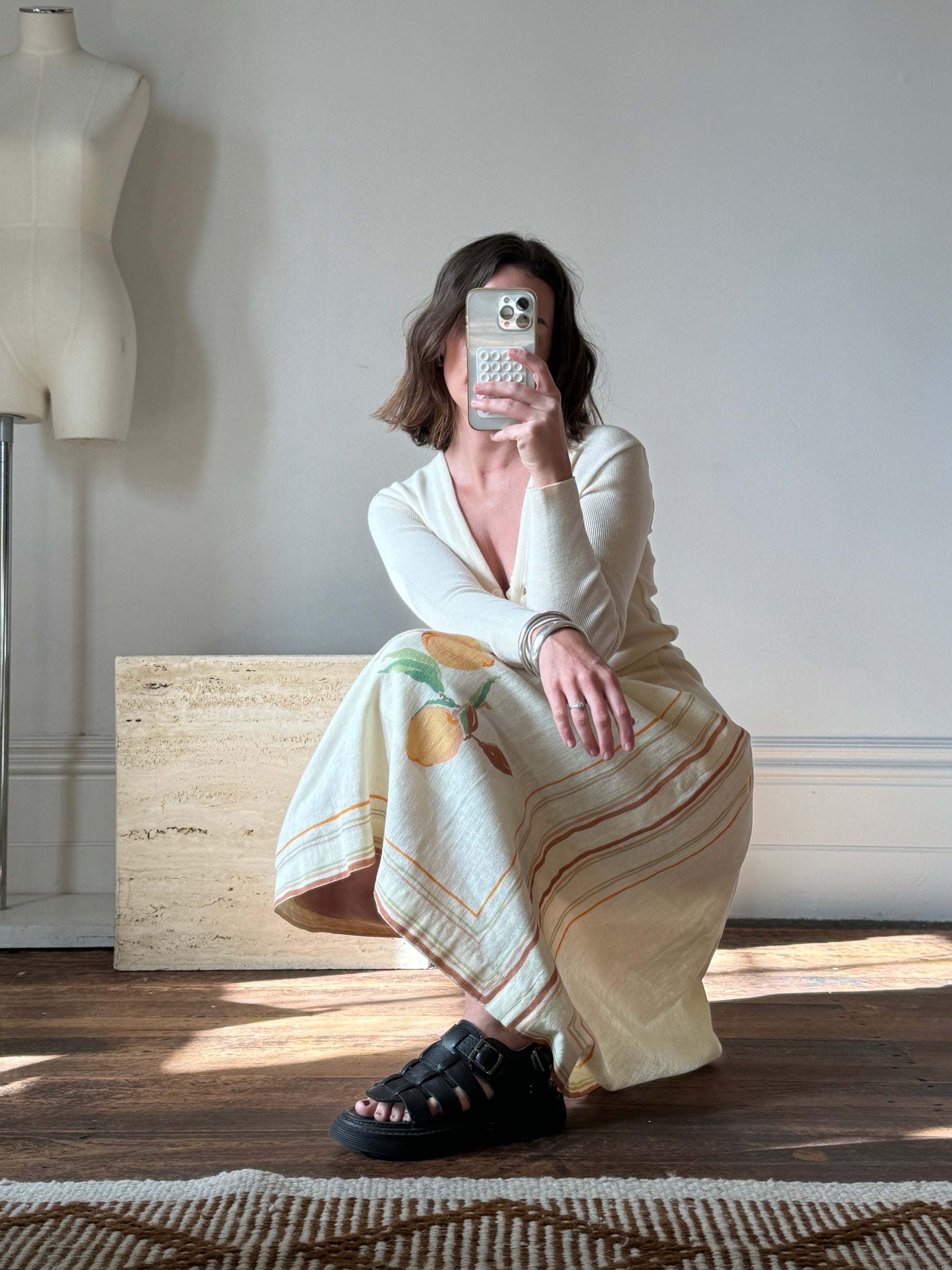 Vintage Cotton Fruit Border Midi Skirt Creme