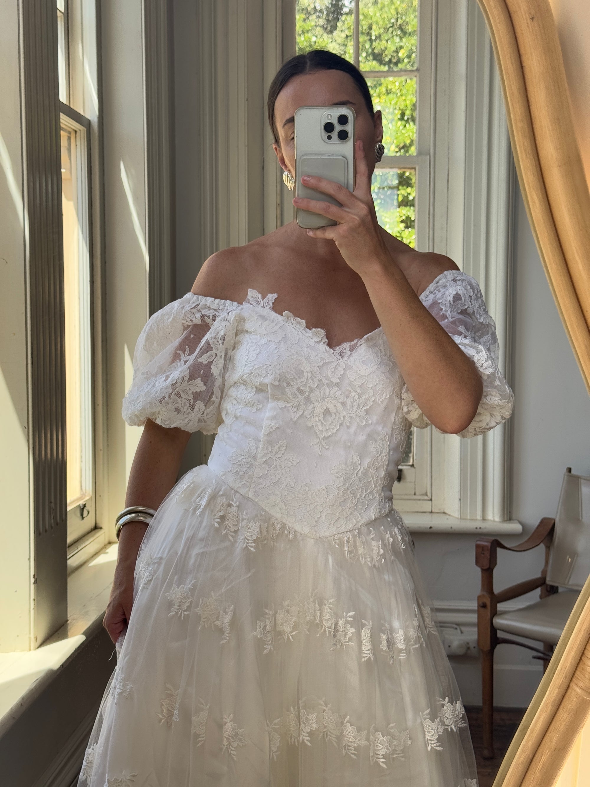 Vintage 80s Lace Off The Shoulder Tulle Wedding Gown