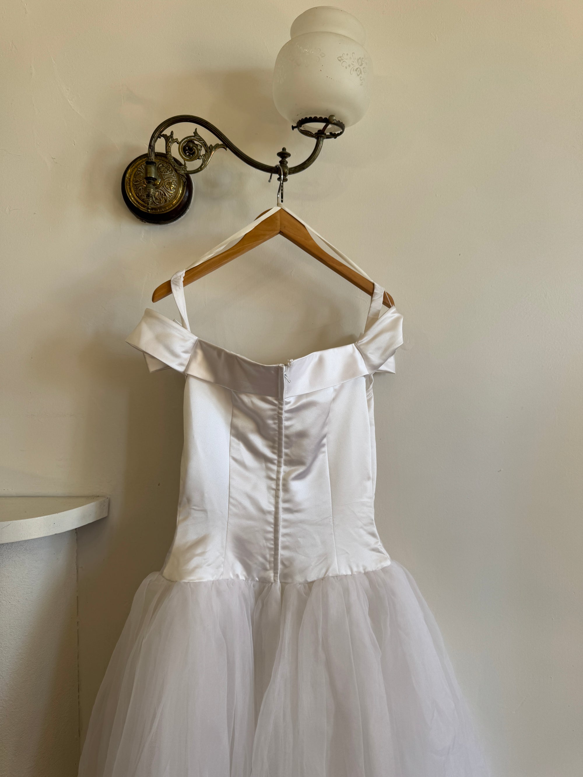 Vintage Y2K Satin Drop Waist Tulle Wedding Dress With Bows
