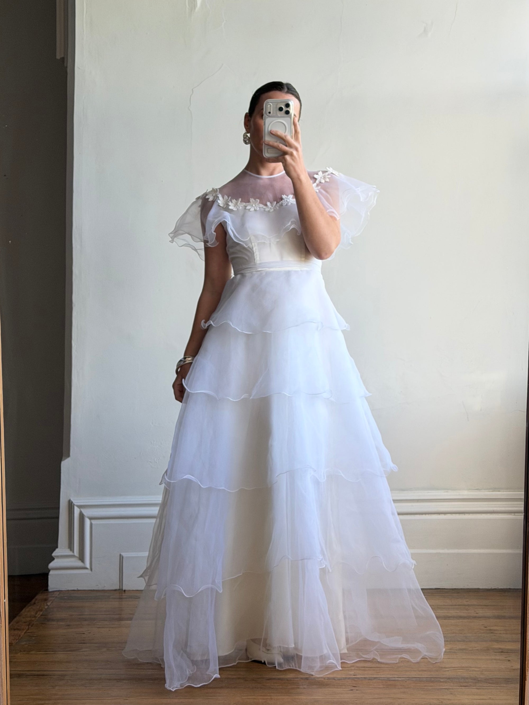 Vintage 70s Tiered Organza Prairie Daisy Wedding Dress